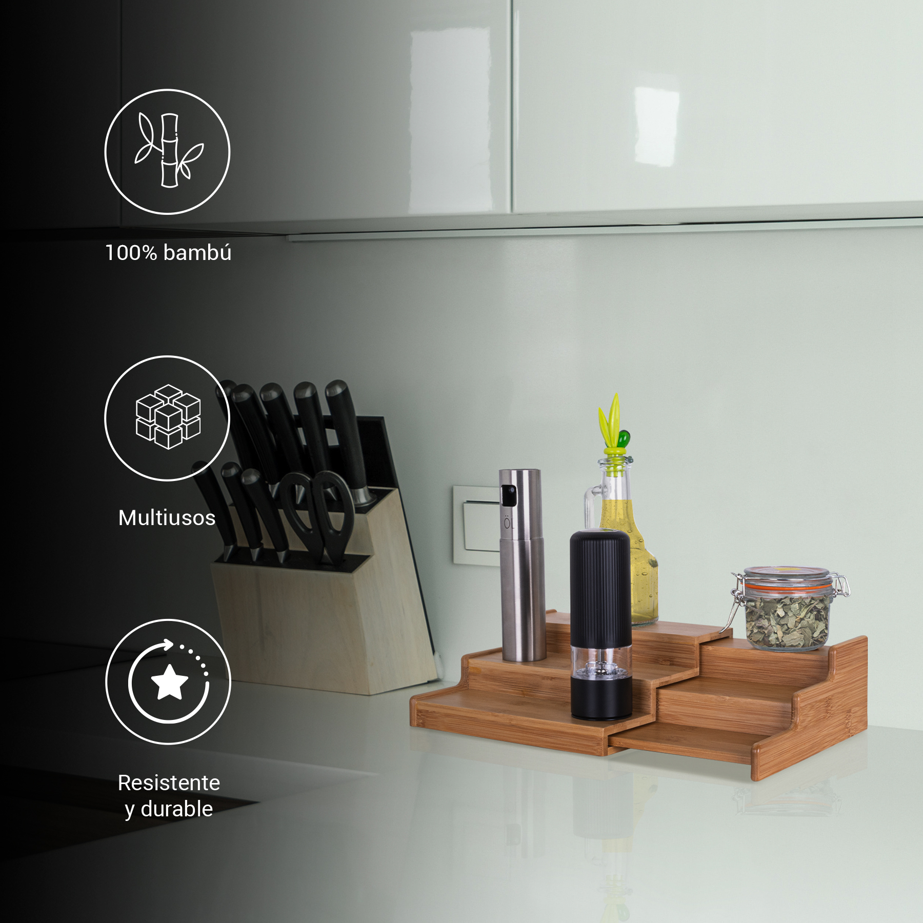 Estante organizador de alacena con 3 niveles de bambú extensible escalonado Tutti