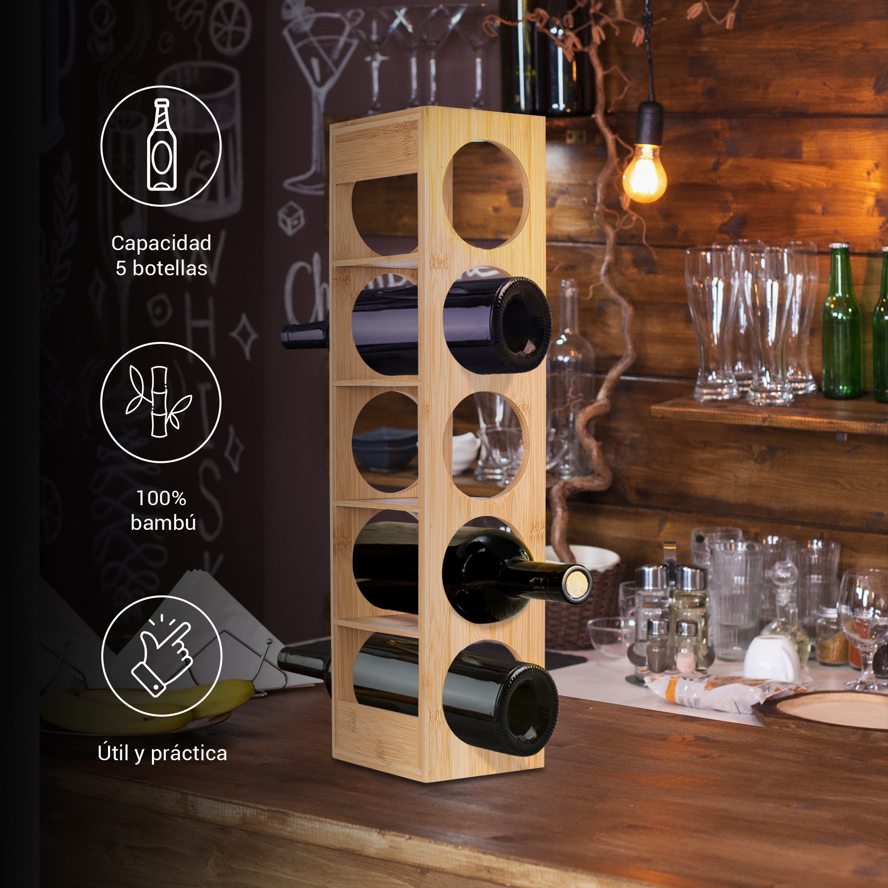 Cava de vino porta botellas de bambú 5 espacios Tutti