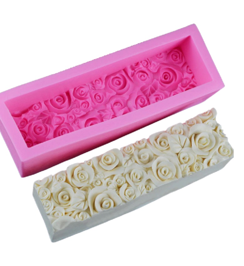 Molde Silicón Barra Jabón Artesanal Con Relieve Flores Rosas Rosa