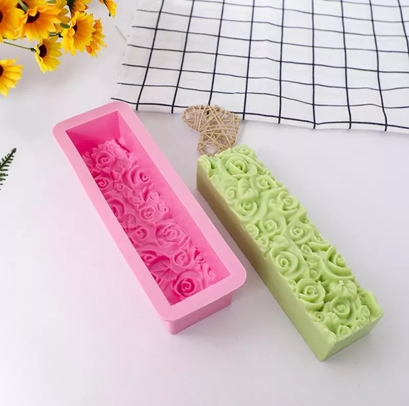 Molde Silicón Barra Jabón Artesanal Con Relieve Flores Rosas Rosa