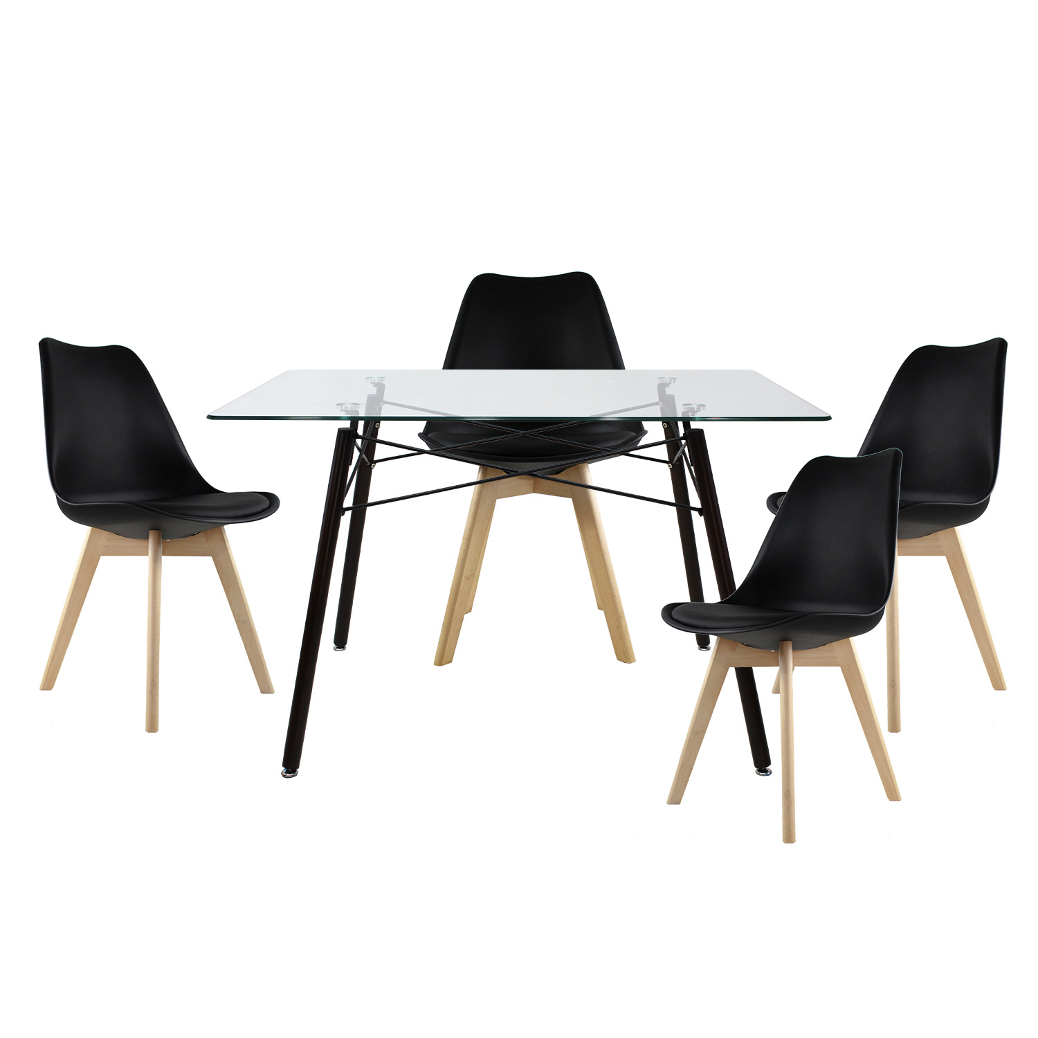 Set de Comedor 4 Sillas Frankfurt Negro y Mesa Cristal Mob-T5 Nogal 120 cm Mundo In.