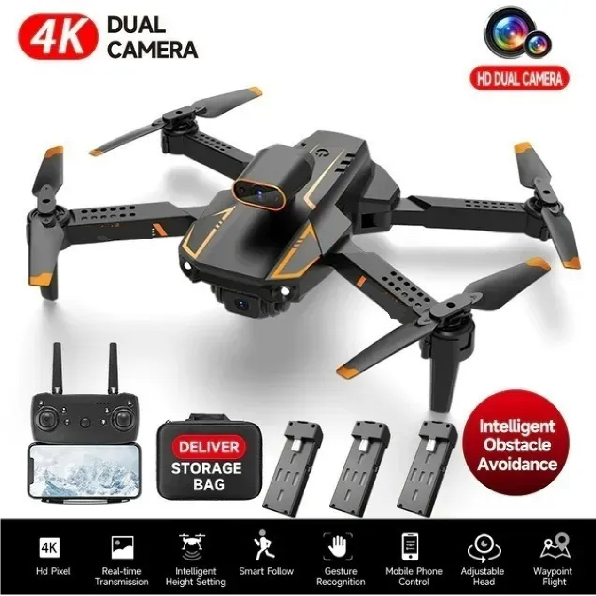 Drone 2.4ghz 4k Cámara Dual Duradera Con 3 Baterías