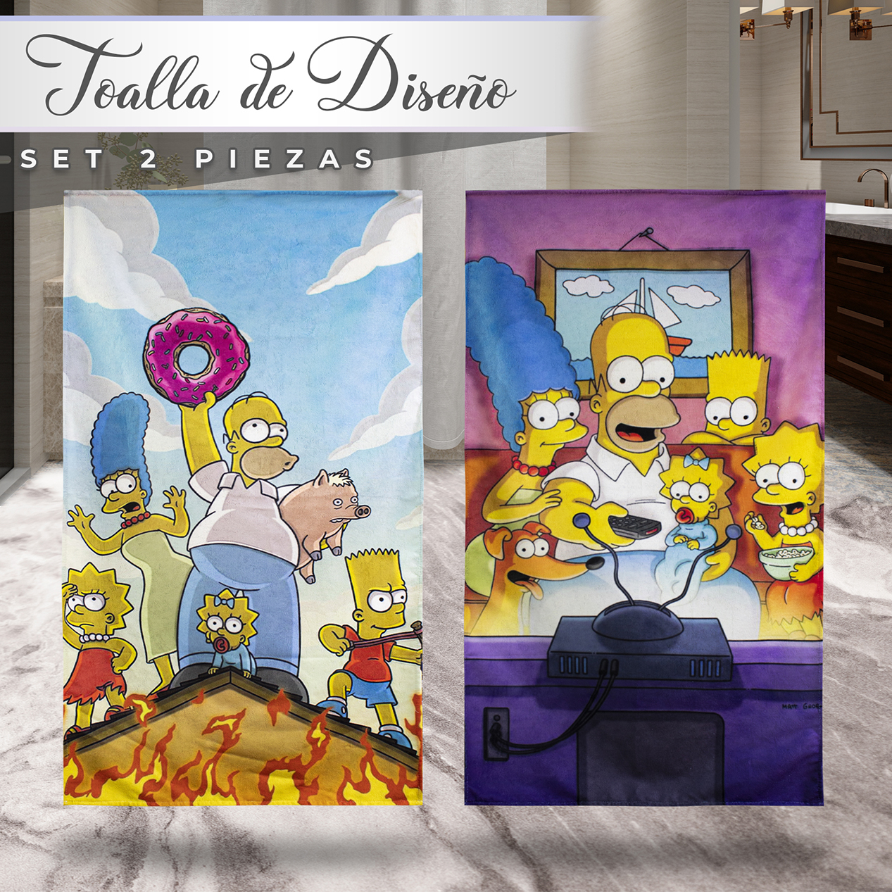 Toalla De Baño Los Simpson Familia Microfibra Set 2 Piezas