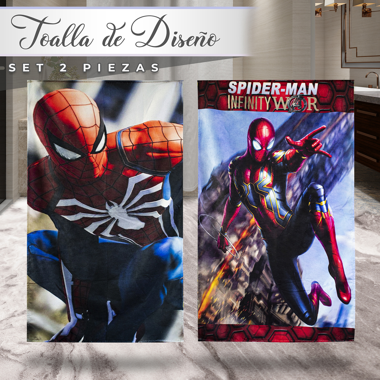 Toalla De Baño Diseño Spider Man Hombre Araña Microfibra Set 2 Piezas.