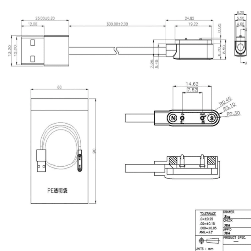 Cargador Magnético Para Smart Watch Reloj Inteligente 2 Pines 7,62 Mm.