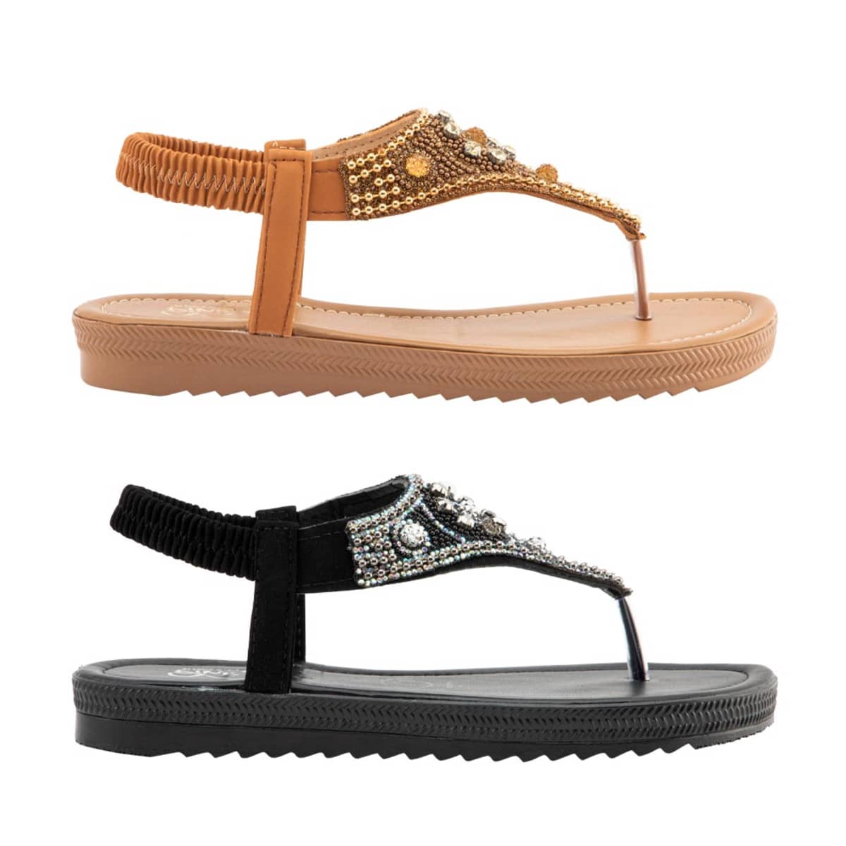 Kit de 2 pares de sandalias planas con brillos, beige y negras, marca PBPS, mod. 1084636