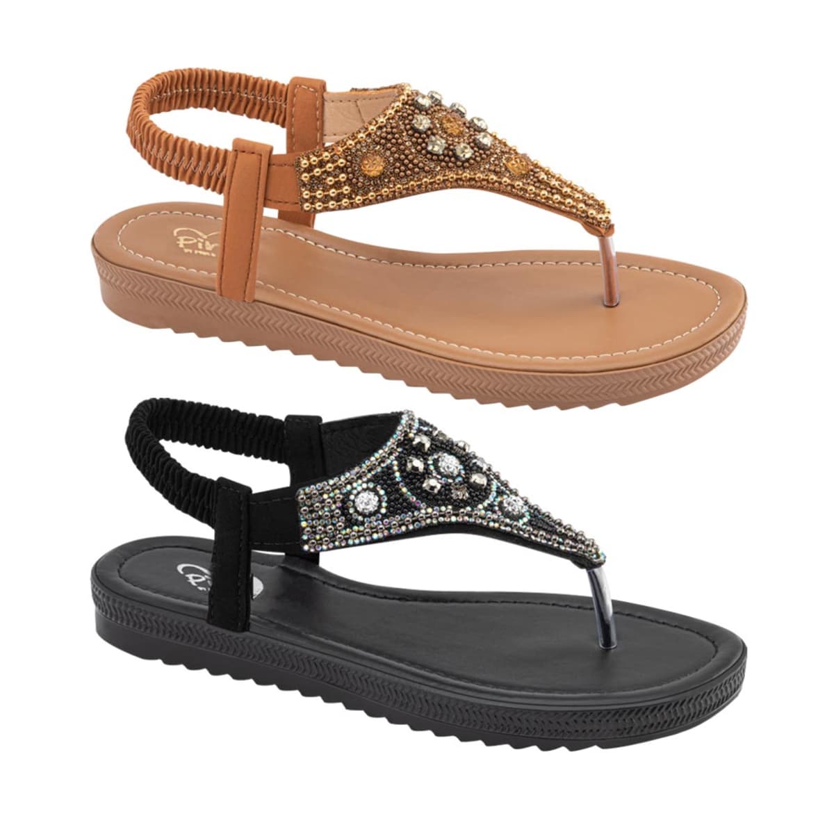 Kit de 2 pares de sandalias planas con brillos, beige y negras, marca PBPS, mod. 1084636