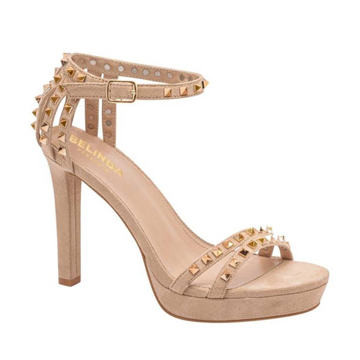 Sandalias de tacón delgado con tiras y estoperoles, color nude, marca Belinda Peregrin, mod. 1061413