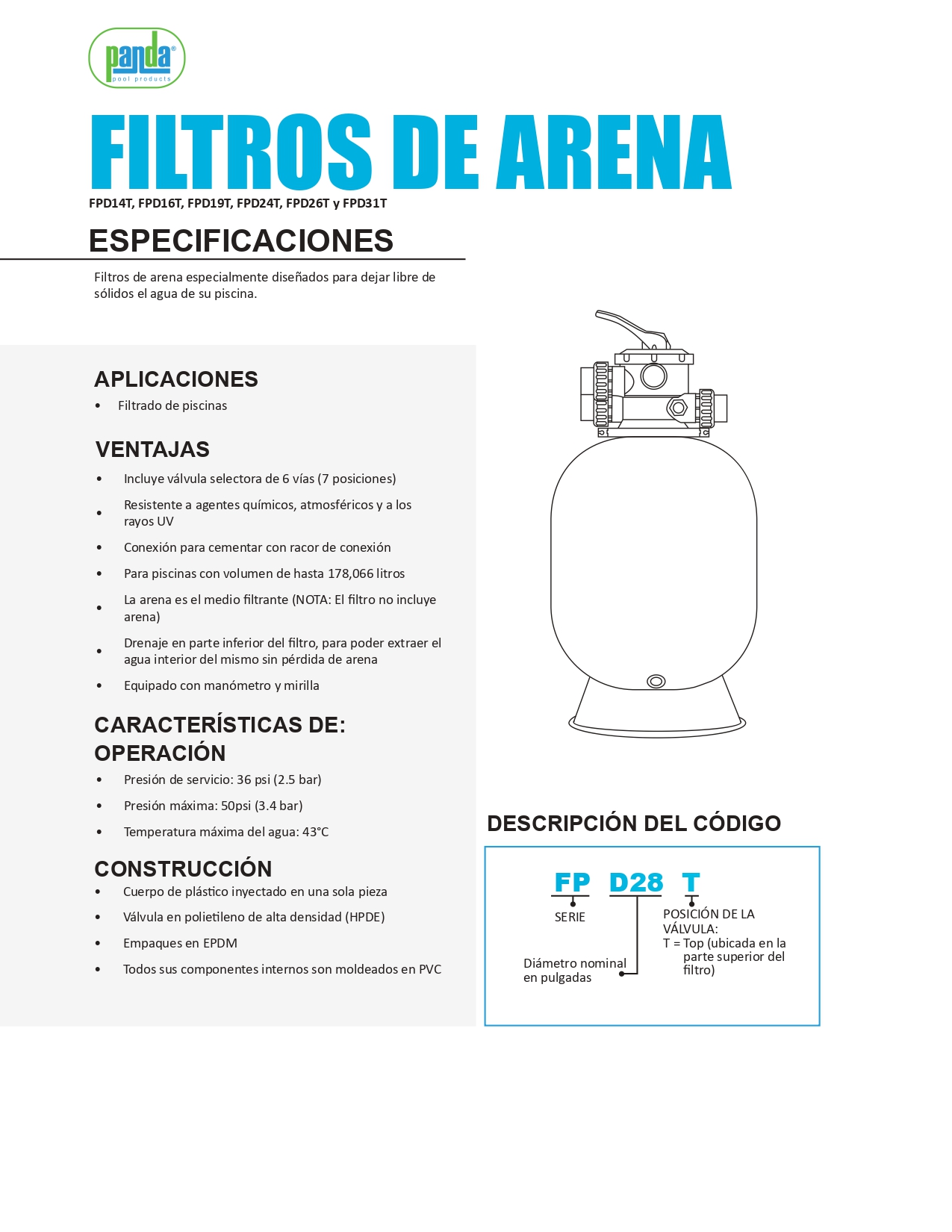 Filtro de Arena para Alberca FPD14T PANDA 25 GPM 