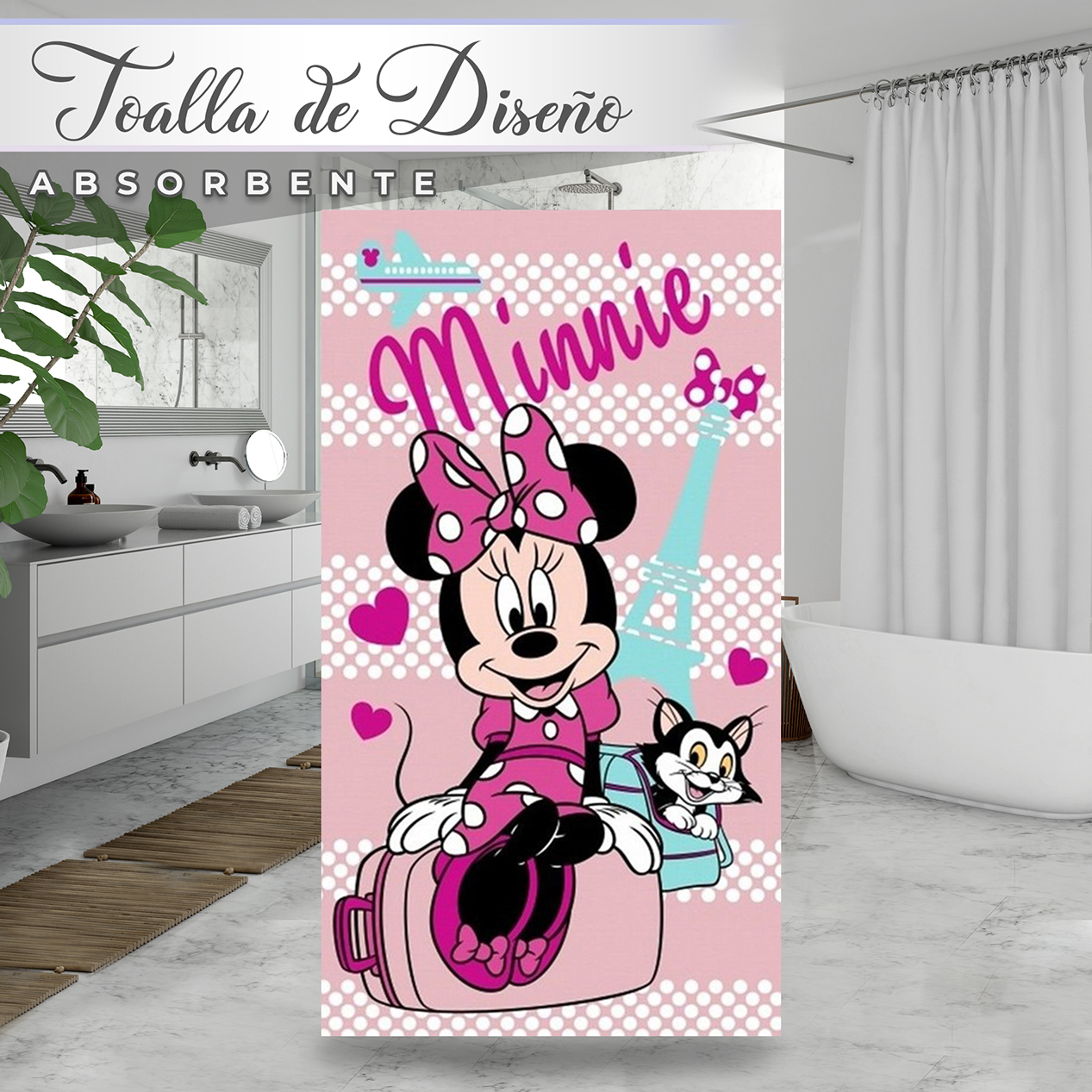 Toalla De Baño Diseño Gato Figaro Minnie Disney Niña Microfibra de Poliéster