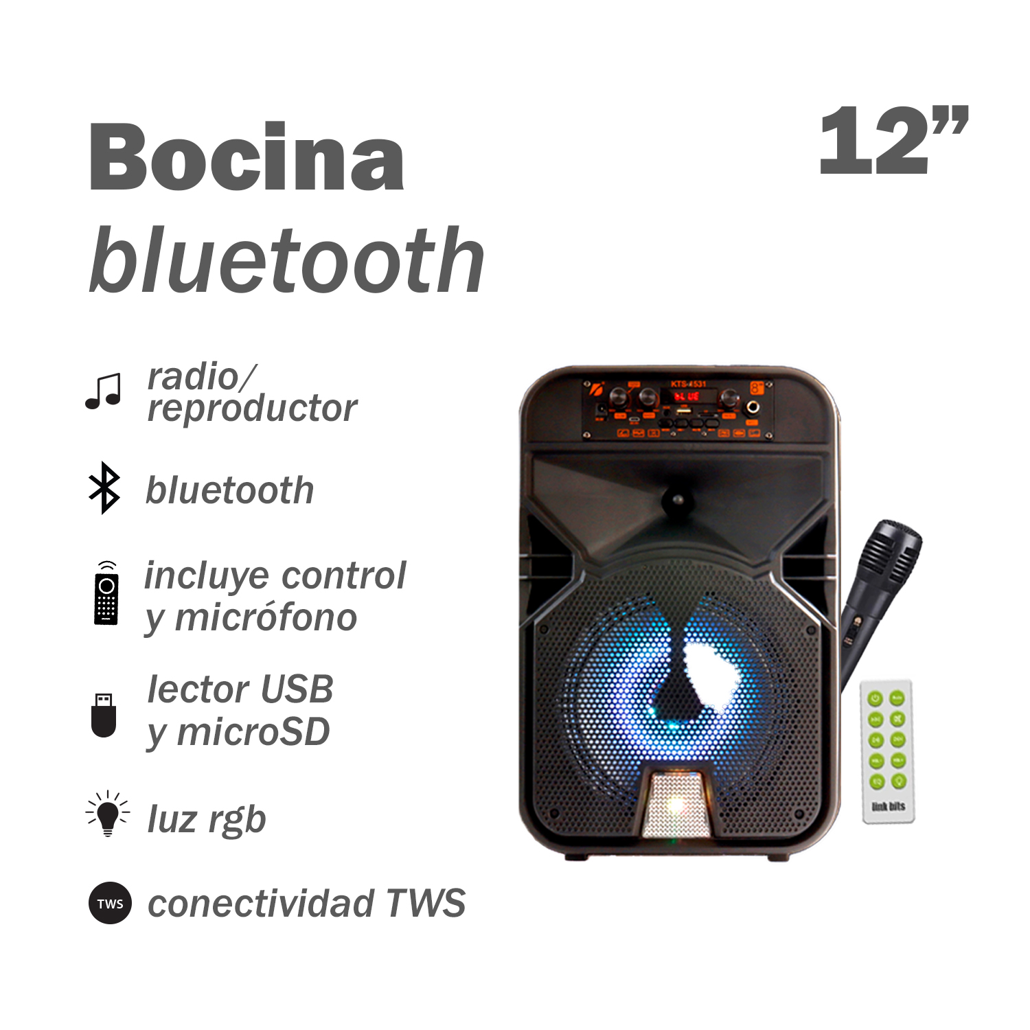Bocina Portátil de 12" con Bluetooth y Micrófono Link Bits KTS-1543