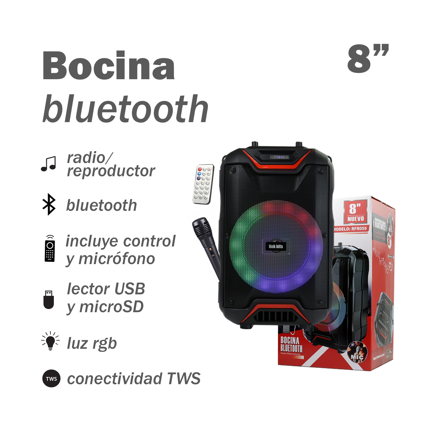 Bocina Portátil de 8" con Bluetooth y Micrófono Link Bits SA8024T