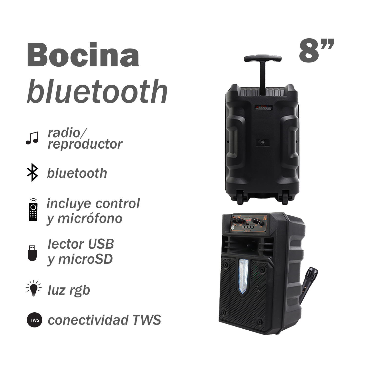 Bocina Portátil de 8" con Micrófono y Control Remoto Link Bits KTS-1631