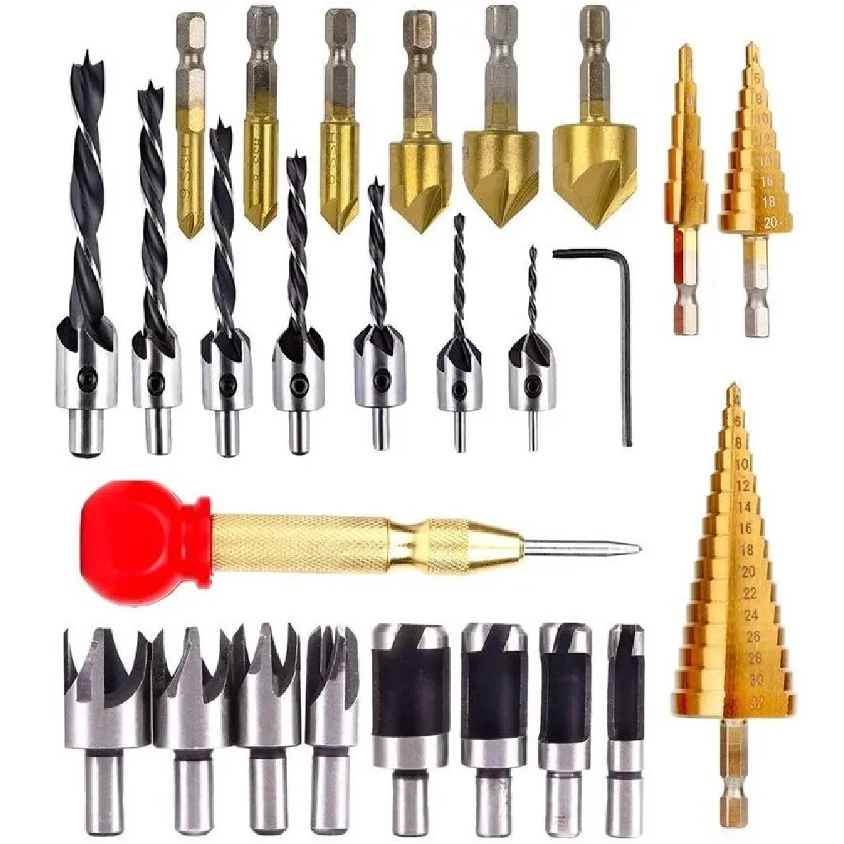 Kit 26 Brocas Avellanadora Escalonada Circular Sacabocado Madera