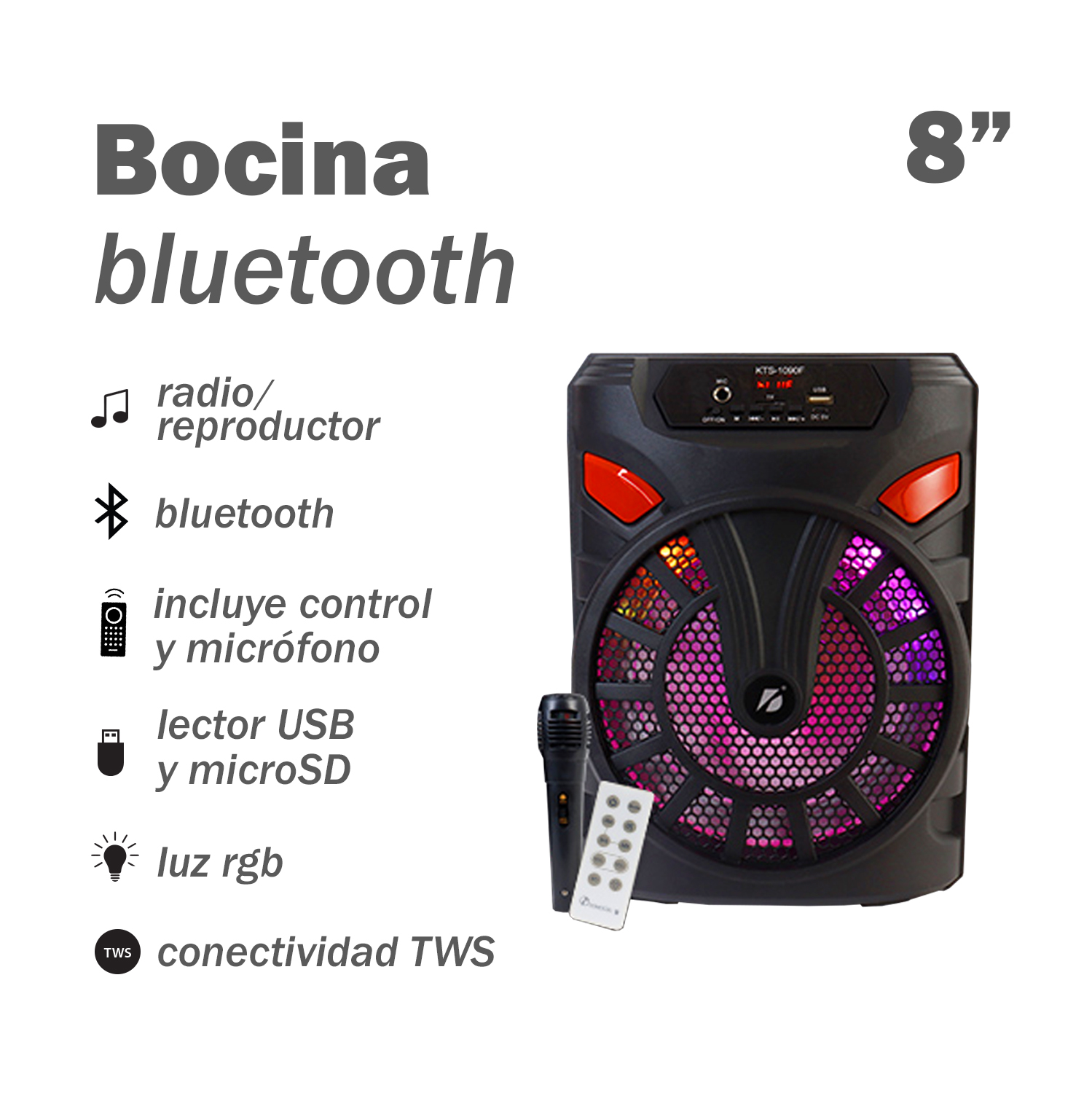 Bocina Portátil de 8" con Micrófono y Control Remoto Link Bits KTS-1090F