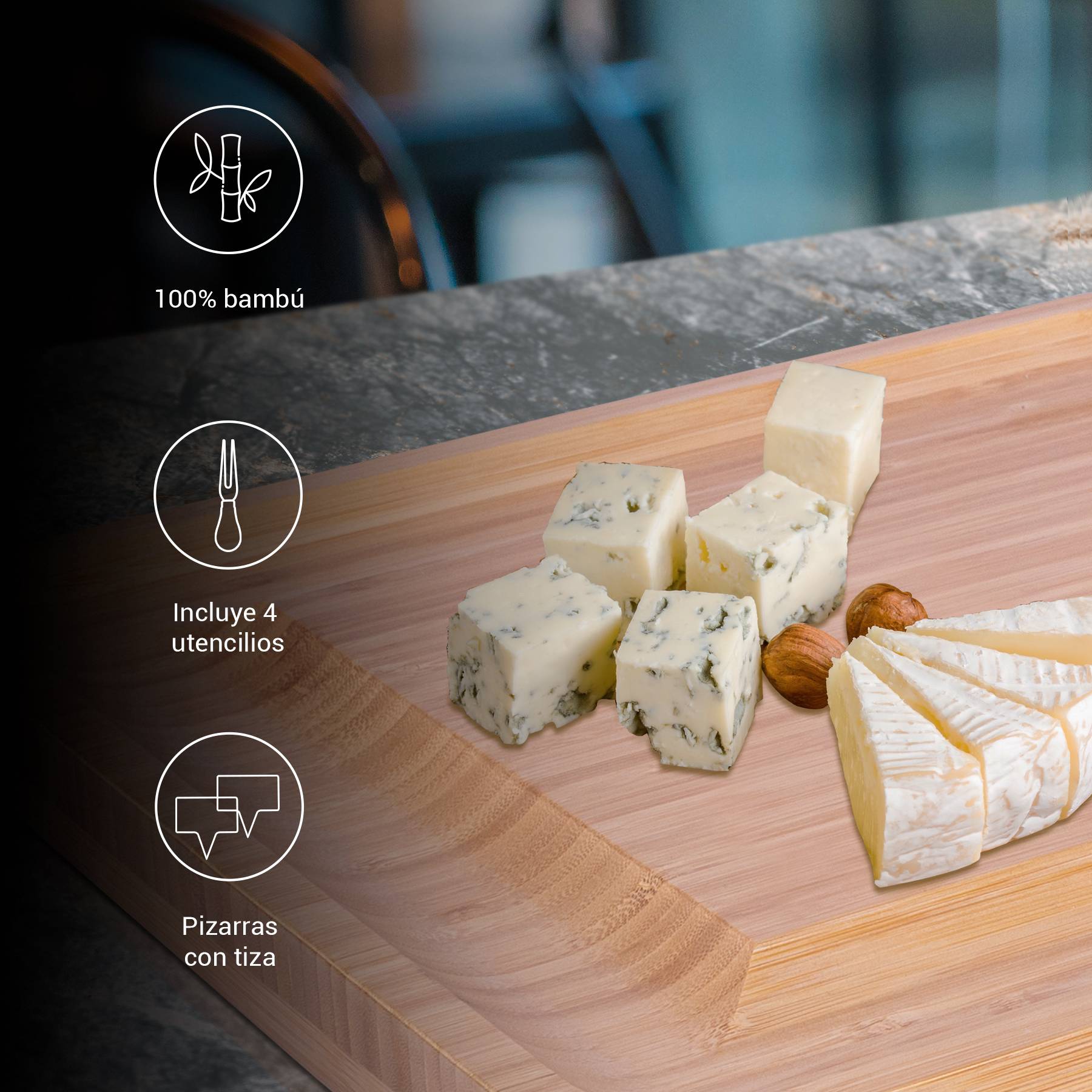 Tabla para quesos de bambú con accesorios Tutti.
