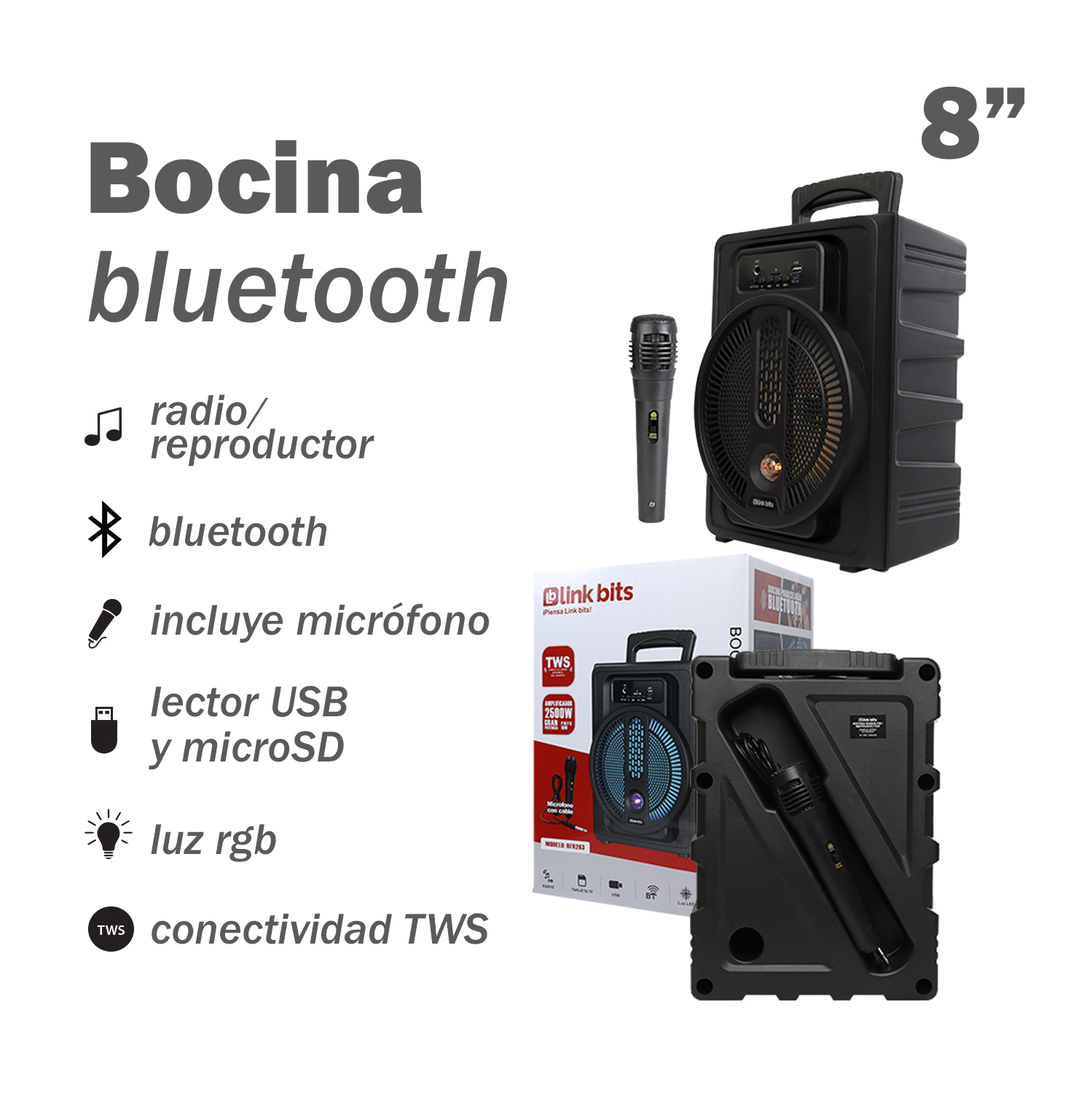 Bocina Portátil de 8" con Micrófono Link Bits SA8056T