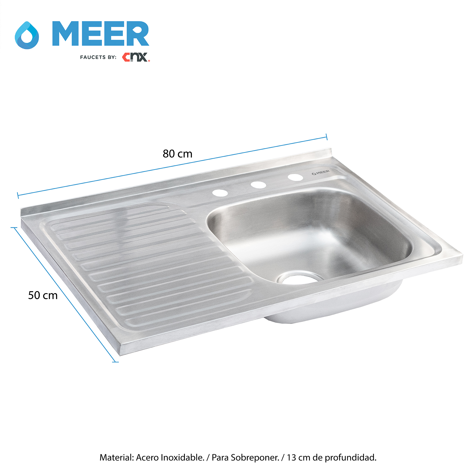 MEER Faucets by CNX | Fregadero para Cocina con Escurridero de Acero Inoxidable Satinado. Tarja para Sobreponer, 80 x 50 x 15 cm