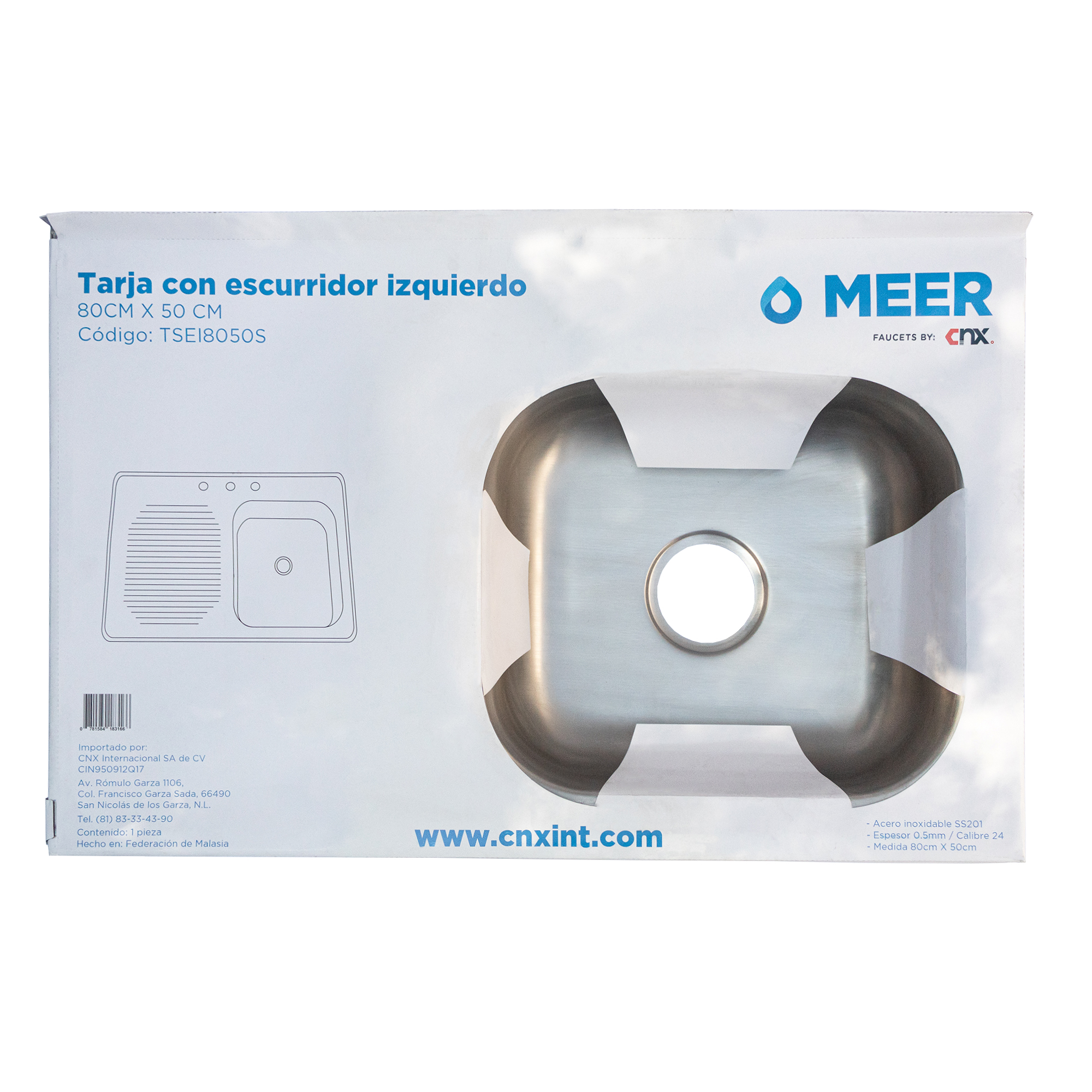 MEER Faucets by CNX | Fregadero para Cocina con Escurridero de Acero Inoxidable Satinado. Tarja para Sobreponer, 80 x 50 x 15 cm