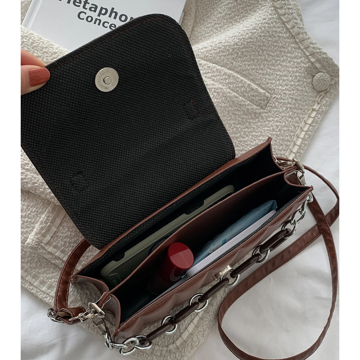 Bolsa de Dama Con Cadena, Cuero sintetico Casual Moderna Color Marron