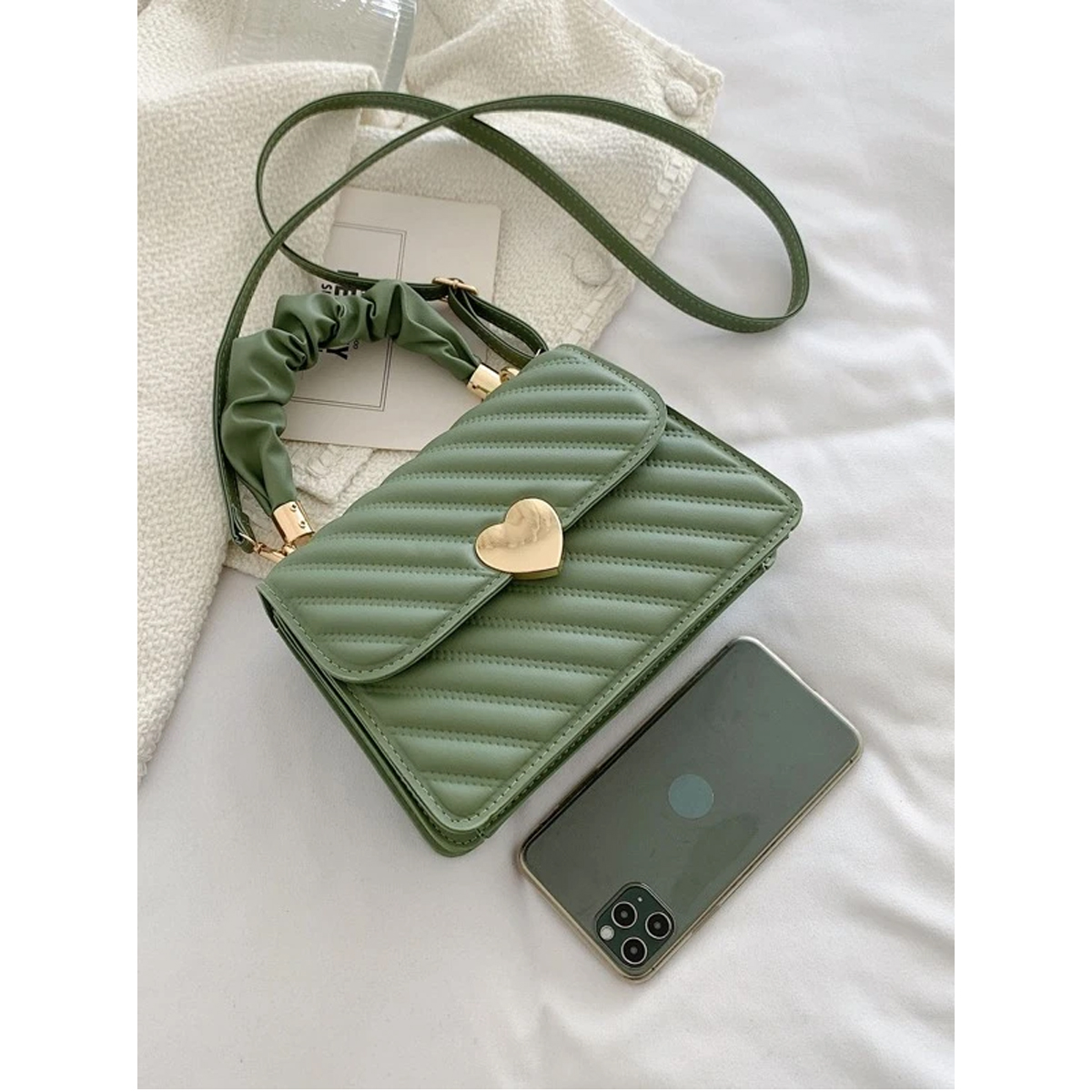 Bolsa de Dama de Mano con Correa Cuadrada Casual Elegante Color Verde Crossbody