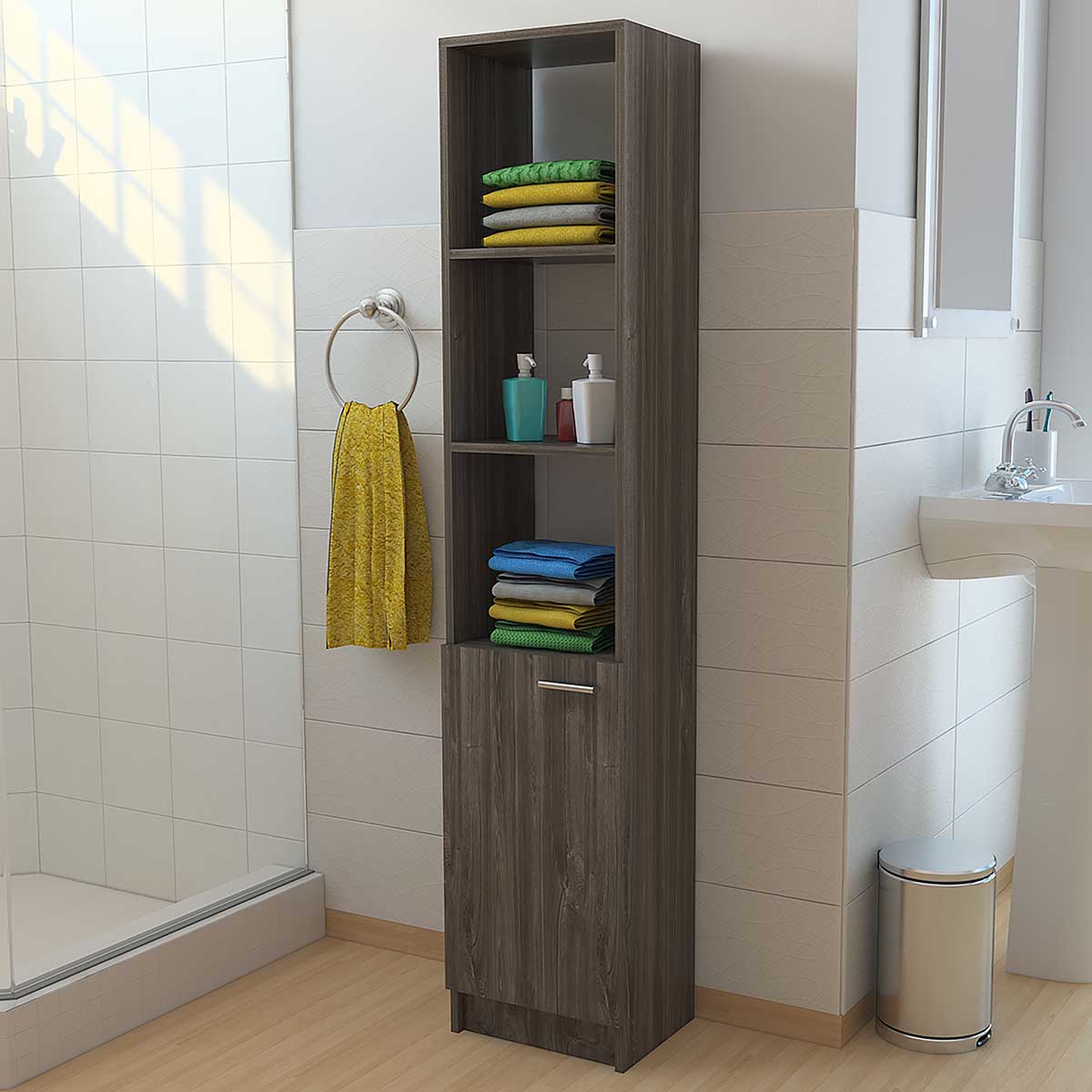 Estante organizador armable para baño Malaga con entrepaños y una puerta color chocolate