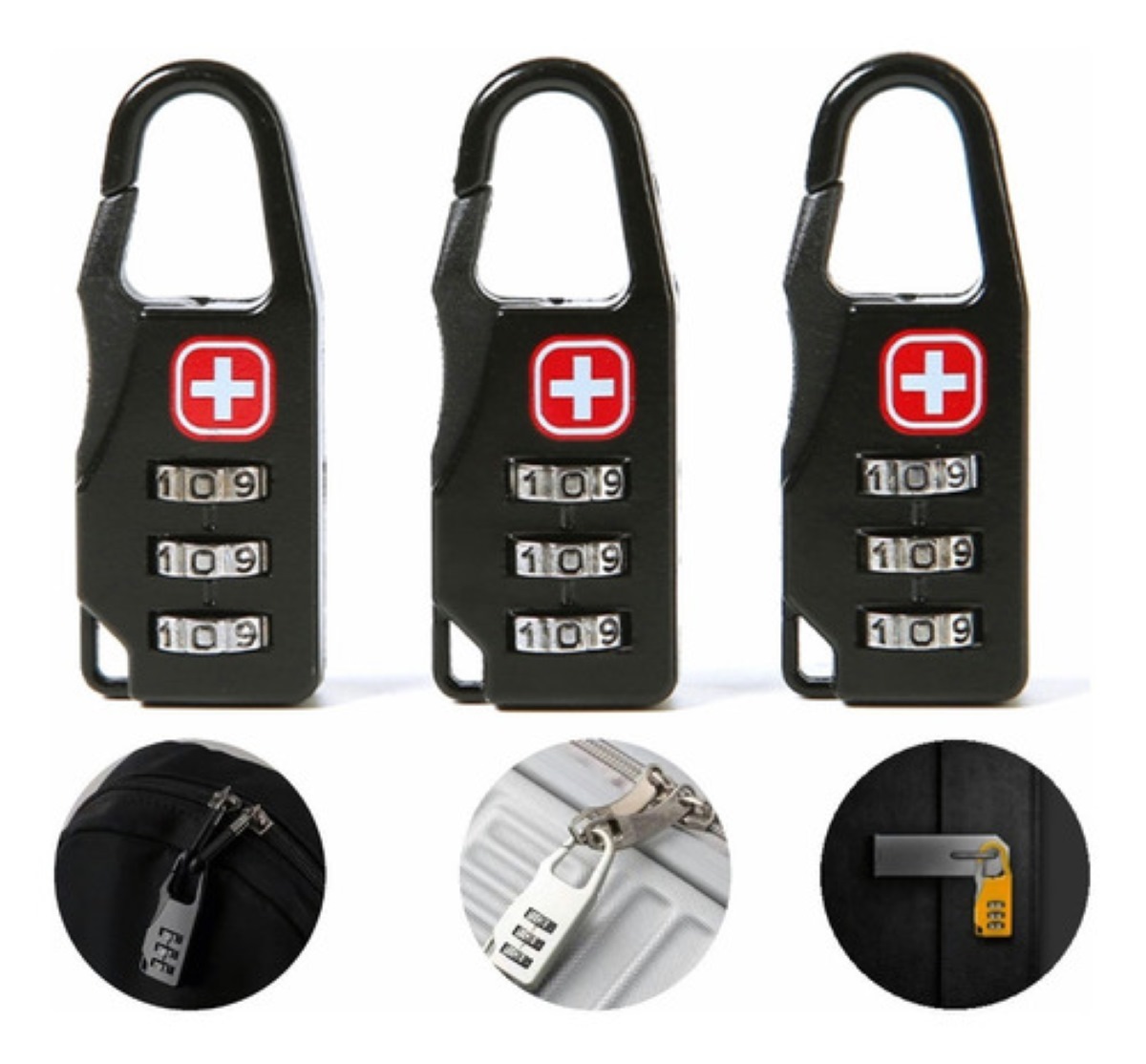 3 Pzs Candado Con Clave Swiss Para Maletas Mochilas Negros