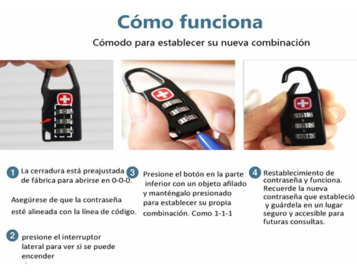 3 Pzs Candado Con Clave Swiss Para Maletas Mochilas Negros
