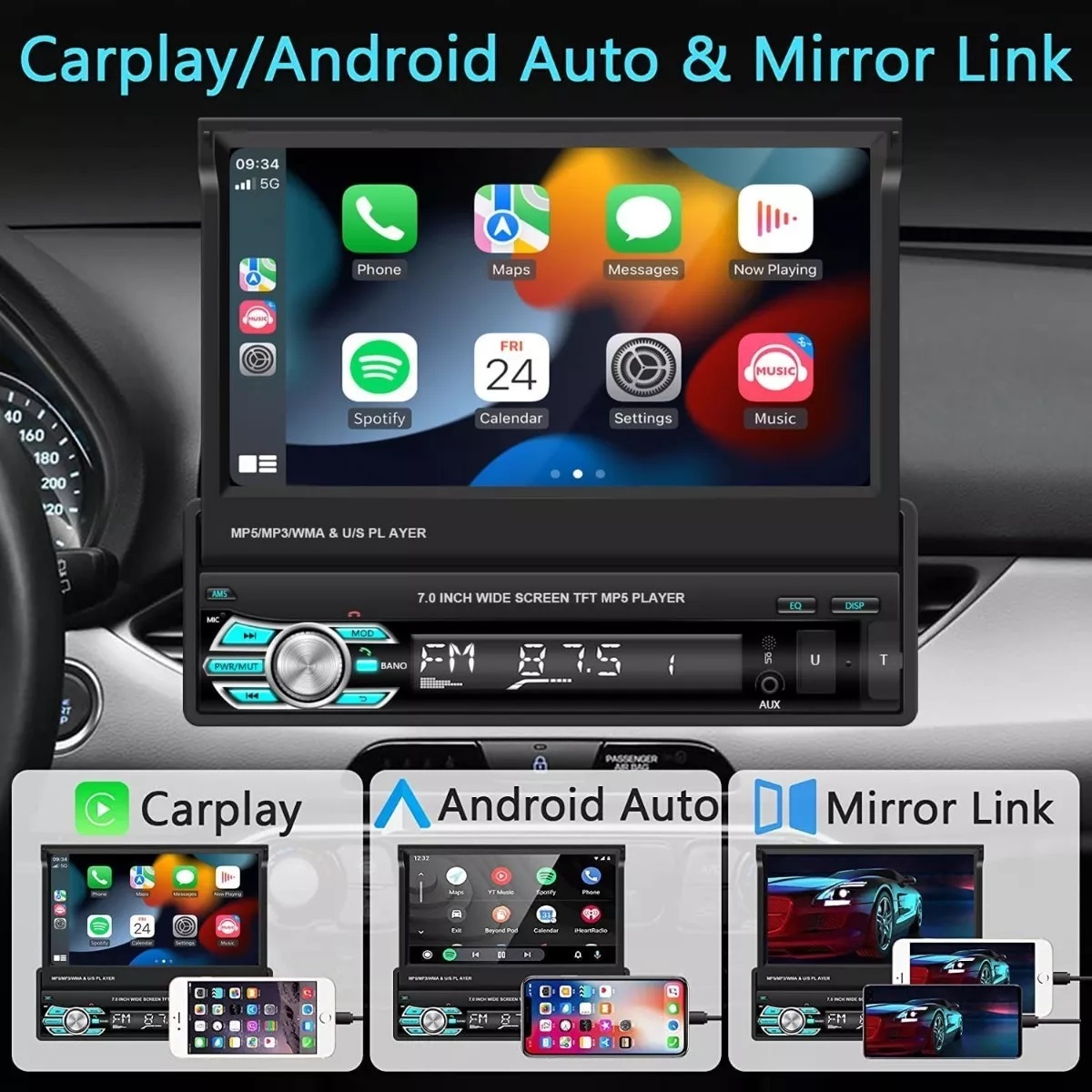 Bluetooth Single DIN Estéreo de coche de 7 pulgadas con pantalla táctil  retráctil Radio para coche con cámara de respaldo Soporte Espejo Link