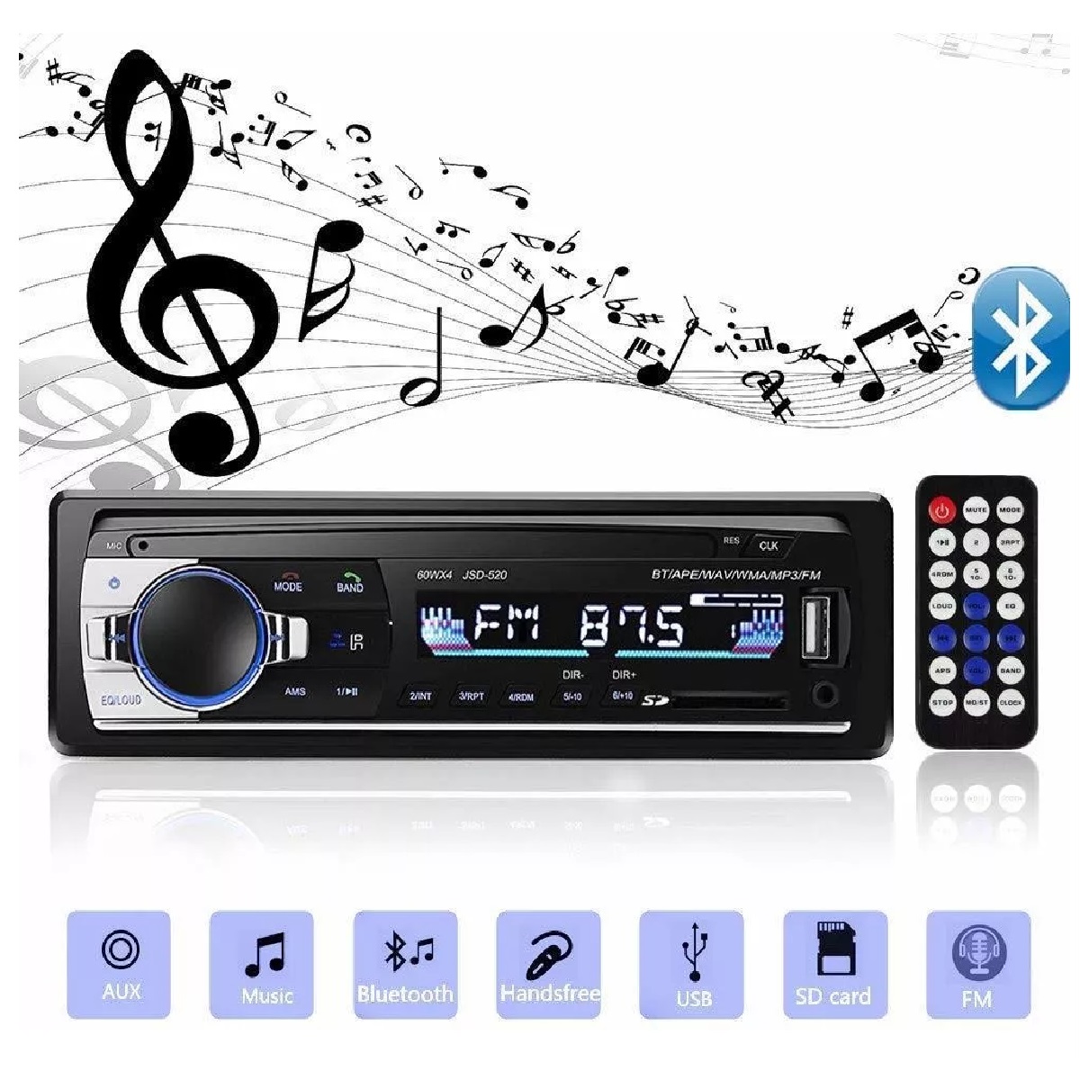 Estéreo clásico Bluetooth para coche, receptor de radio FM, llamadas manos  libres, micrófono incorporado, puerto USB/SD/AUX, soporte MP3/WMA/WAV