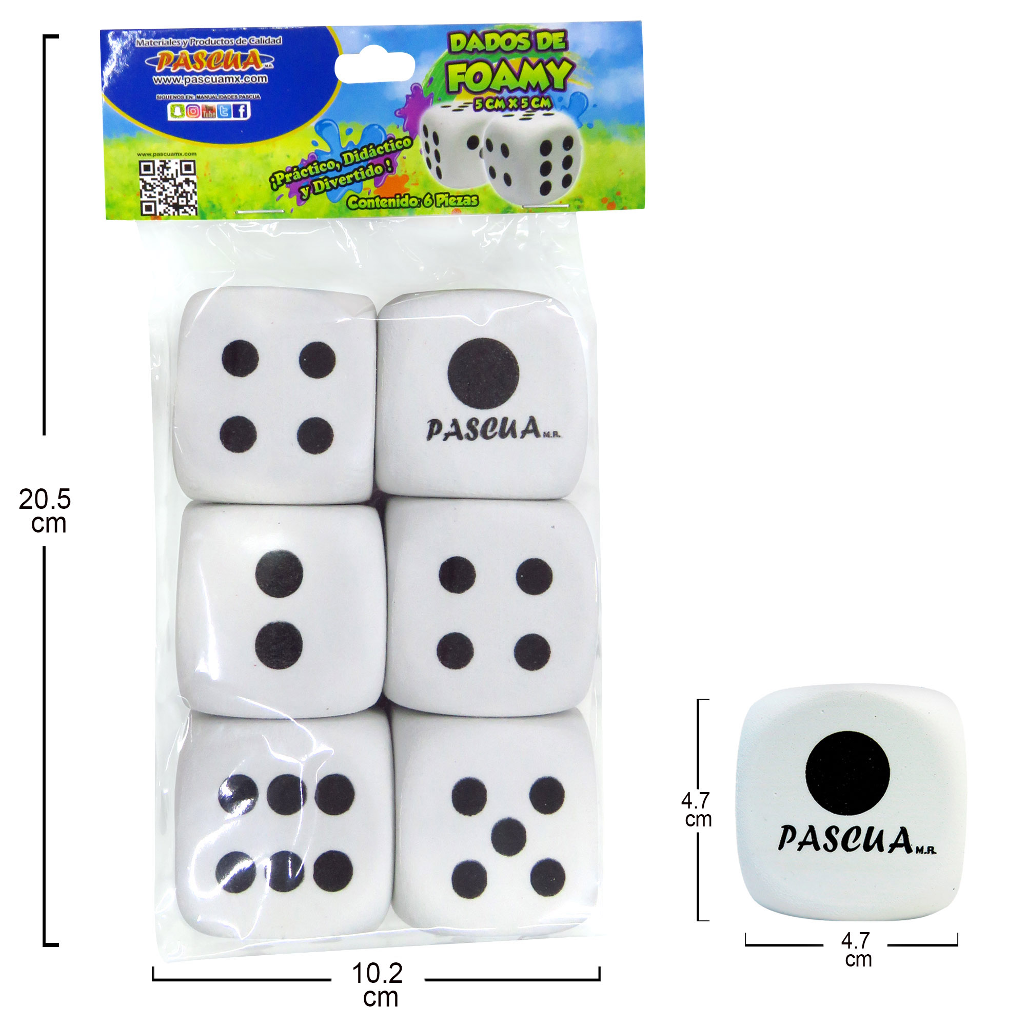 6 Dados DE Foamy DIDACTICOS 5X5 CM Blanco Negro Foamy y color surtido