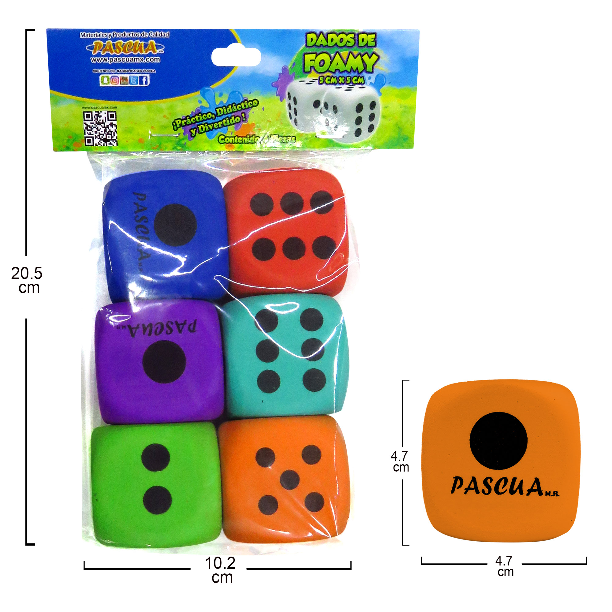 6 Dados DE Foamy DIDACTICOS 5X5 CM Blanco Negro Foamy y color surtido