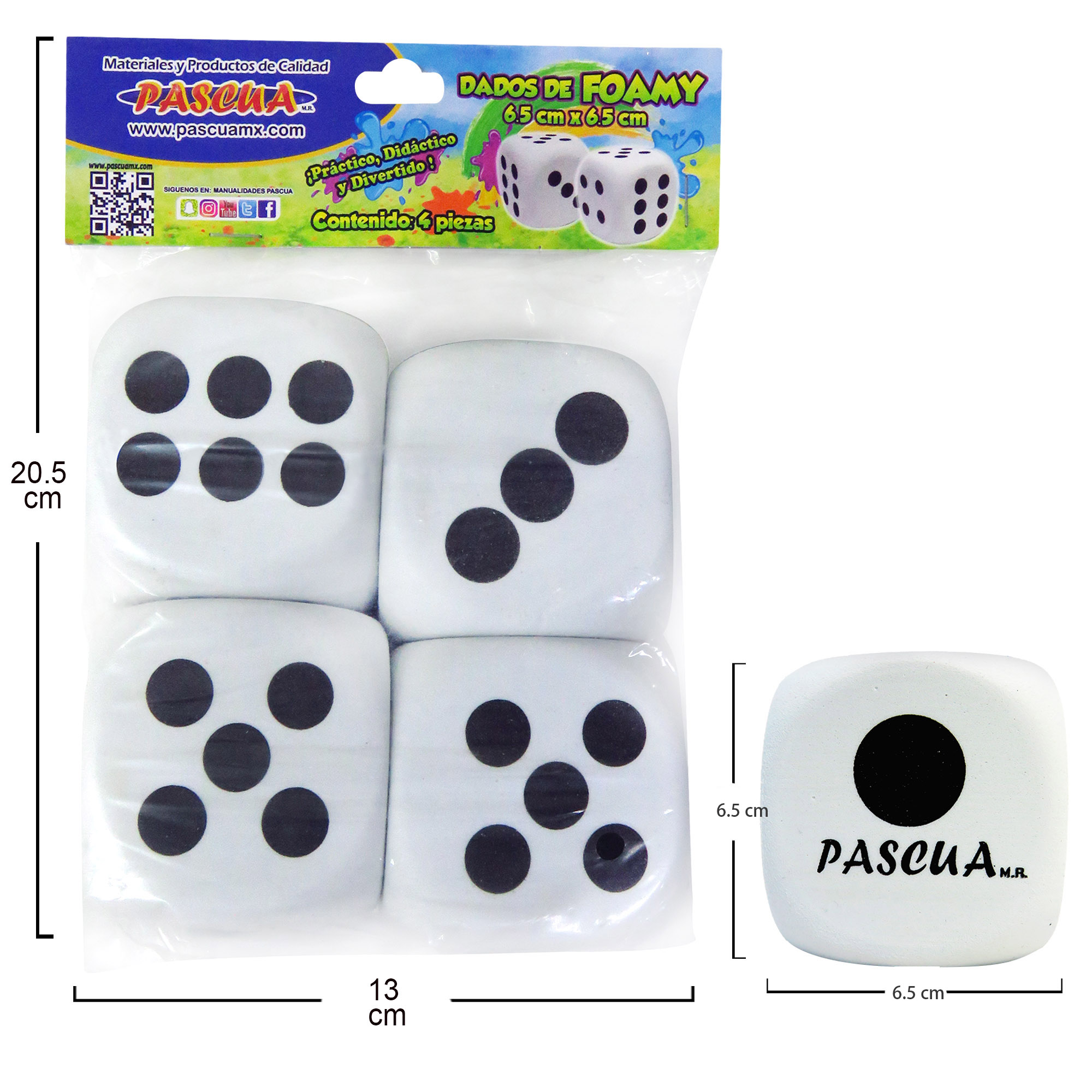 DADOS DE FOAMY 6.5 X 6.5 CMS. 4 DADOS REGALO JUGUETE