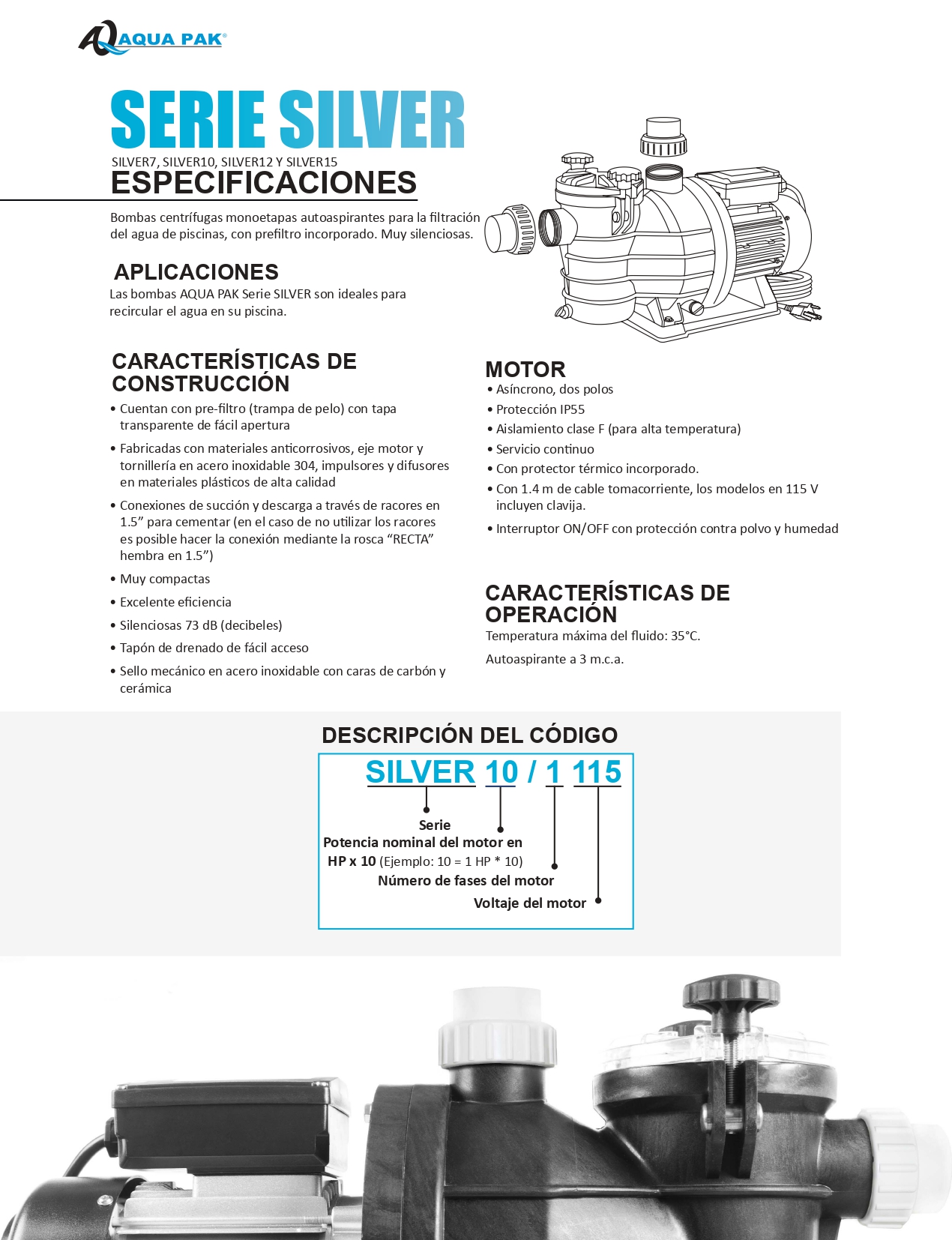 Bomba Para Alberca Modelo SILVER15/1115 Aqua Pak 1.5  Hp 115 V