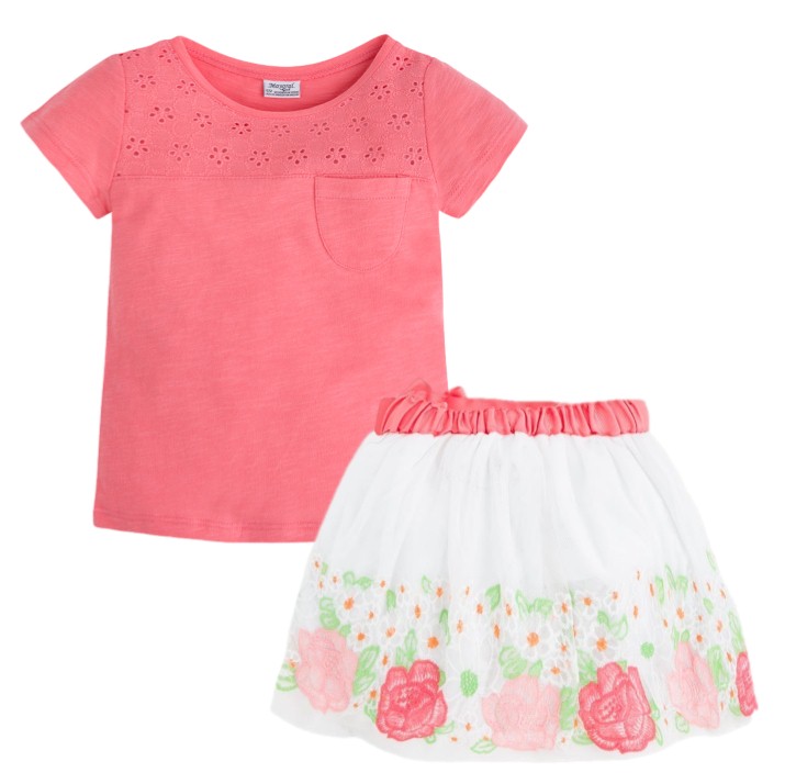 Conjunto camiseta manga corta y falda marca Mayoral para niña