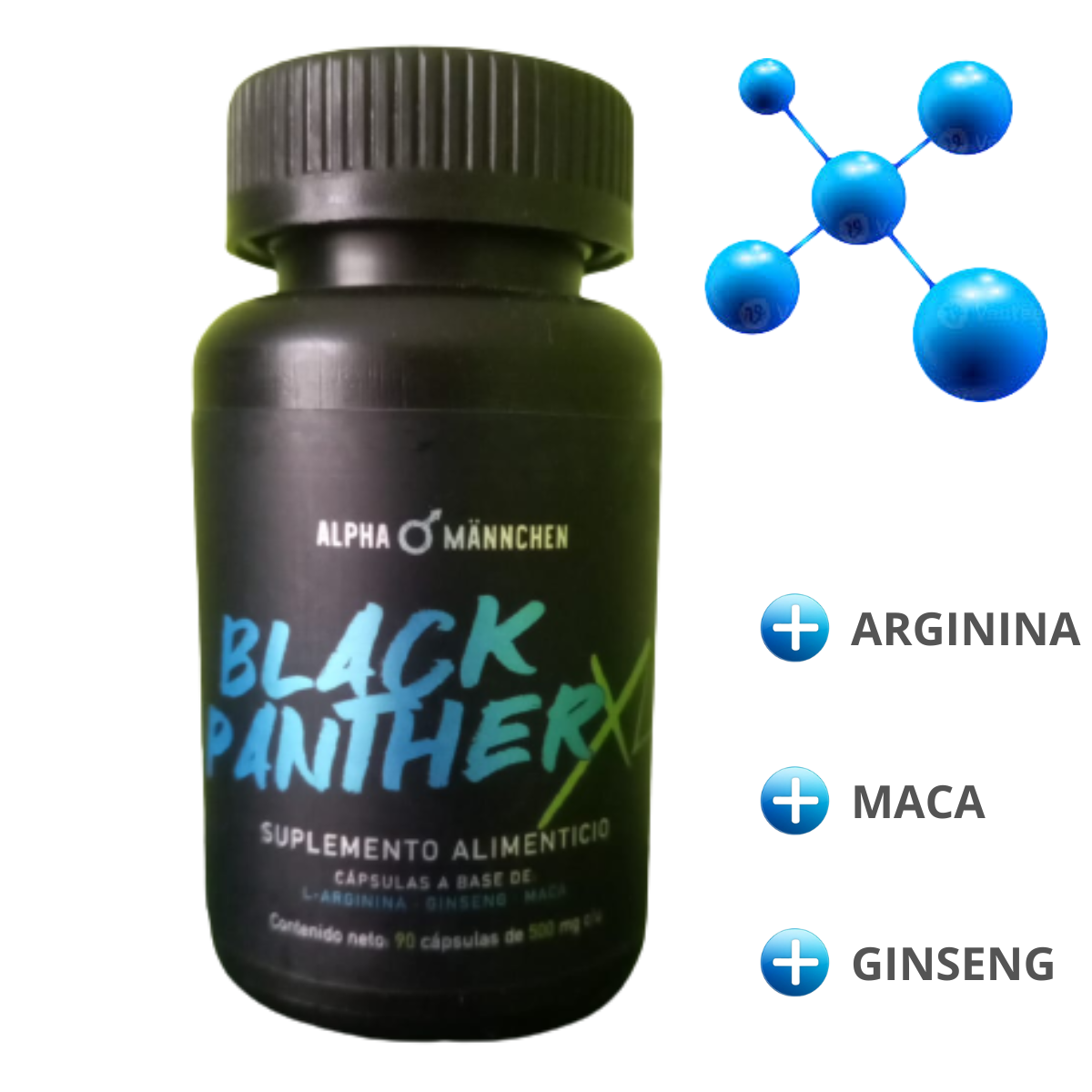 Vigorizante Masculino Black Panther Frasco de 90 Capsulas de 500Mg C/U Arginina Maca y Ginseng