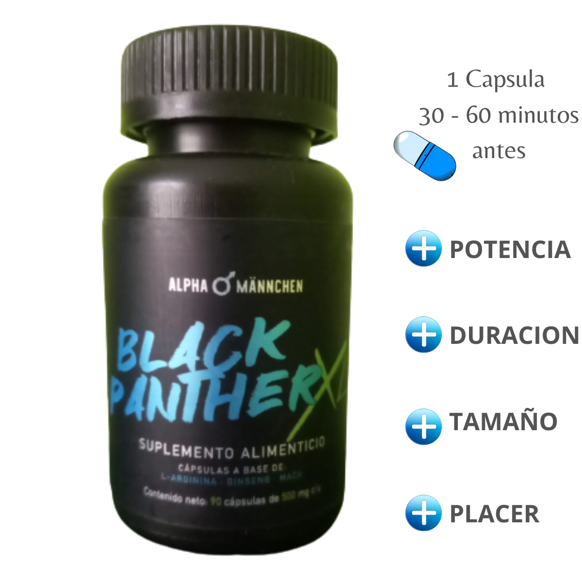 Vigorizante Masculino Black Panther Frasco de 90 Capsulas de 500Mg C/U Arginina Maca y Ginseng