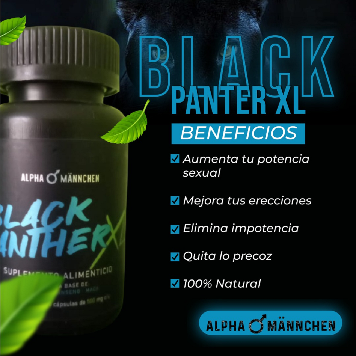 Vigorizante Masculino Black Panther Frasco de 90 Capsulas de 500Mg C/U Arginina Maca y Ginseng