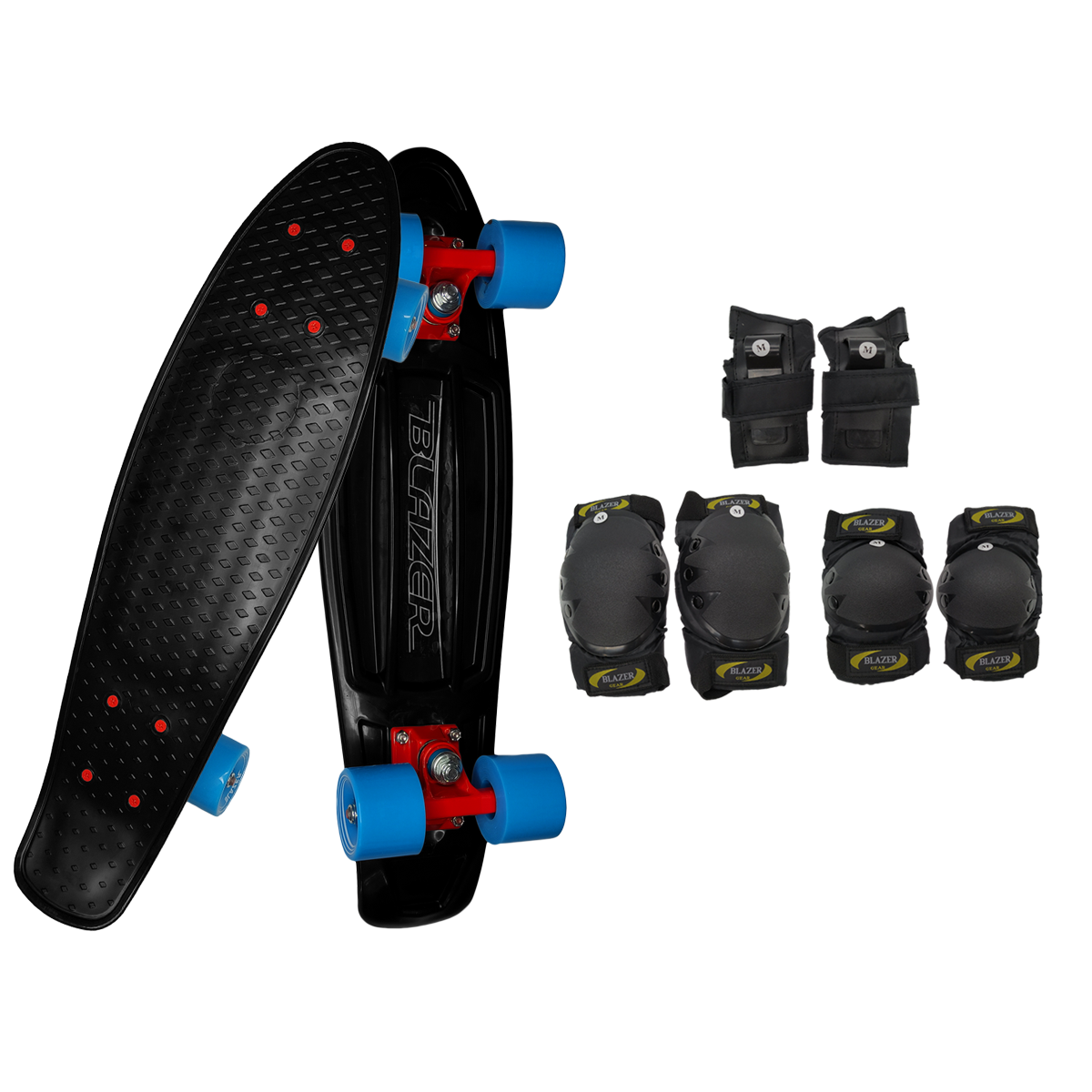 Patineta Pennyboard Cruiser Negra con Trucks Rojos y Protecciones