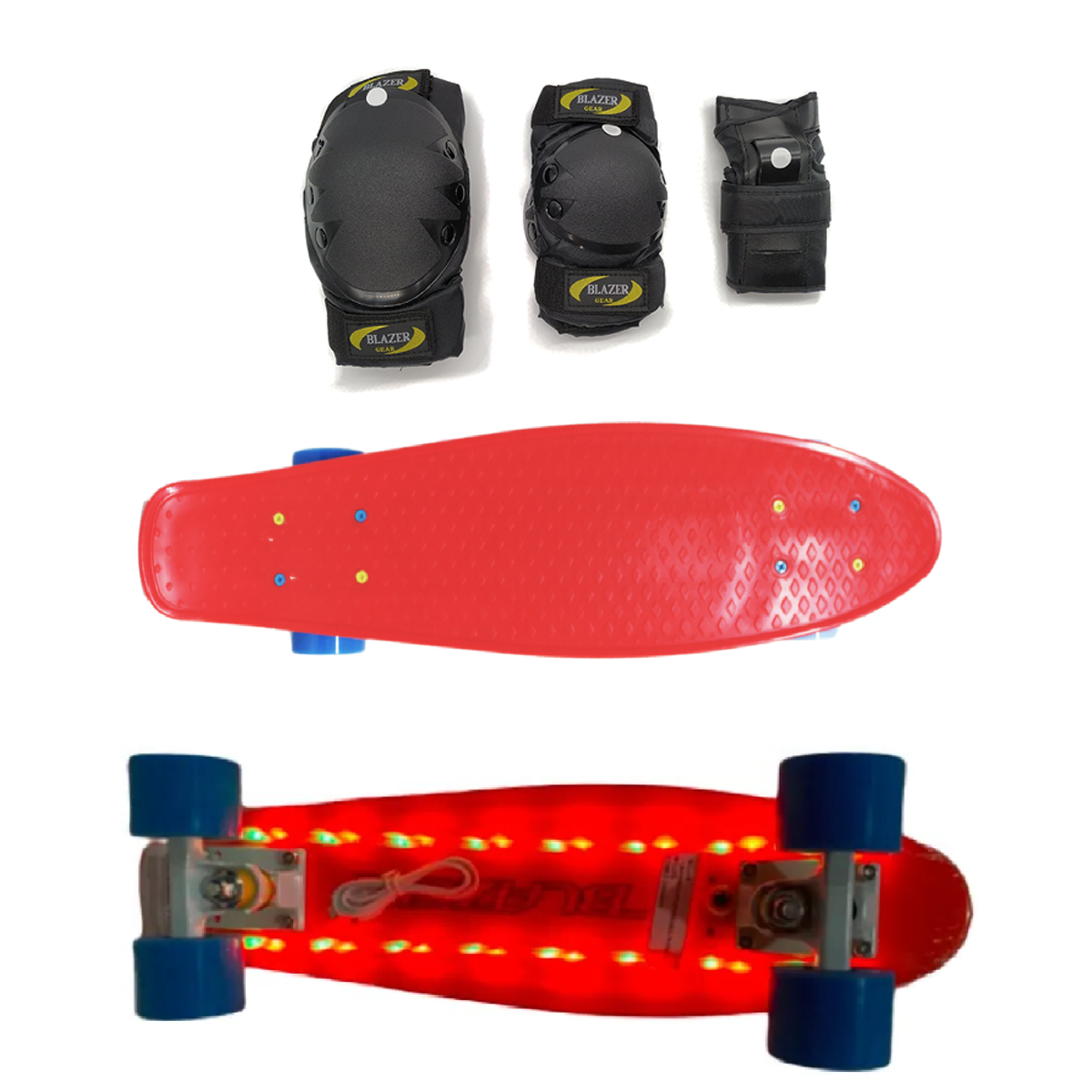 Patineta Cruiser Penny Led Recargable Roja y Protecciones