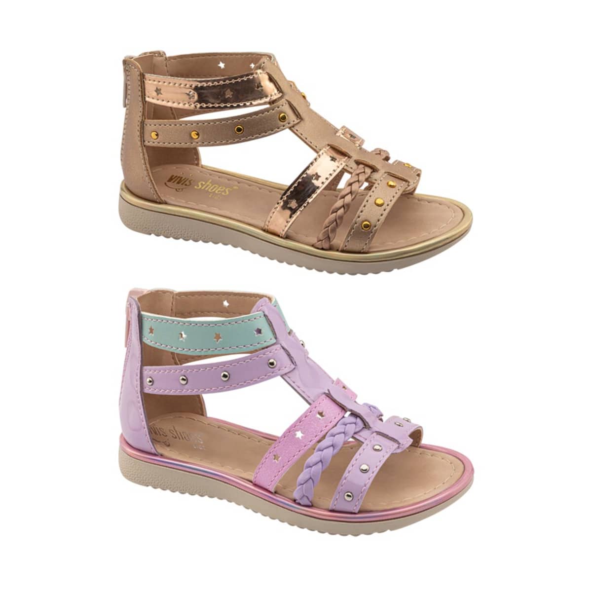 Kit de 2 pares de sandalias de piso para niña, doradas y lila, marca Vivis Shoes Kids, mod. 1084390