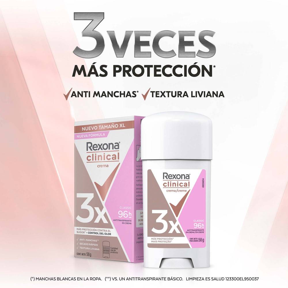 Antitranspirante En Crema Rexona Clinical Para Mujer 58g c/u, 3 Piezas