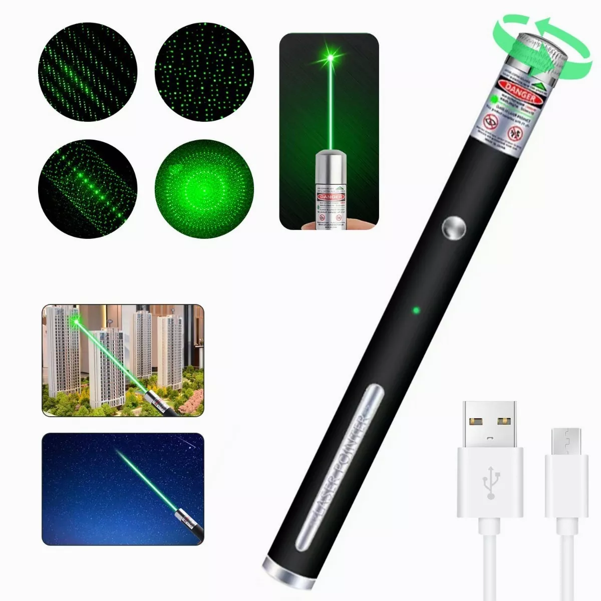 Puntero Laser Verde Recargable 3 Modos De Luz Largo Alcance