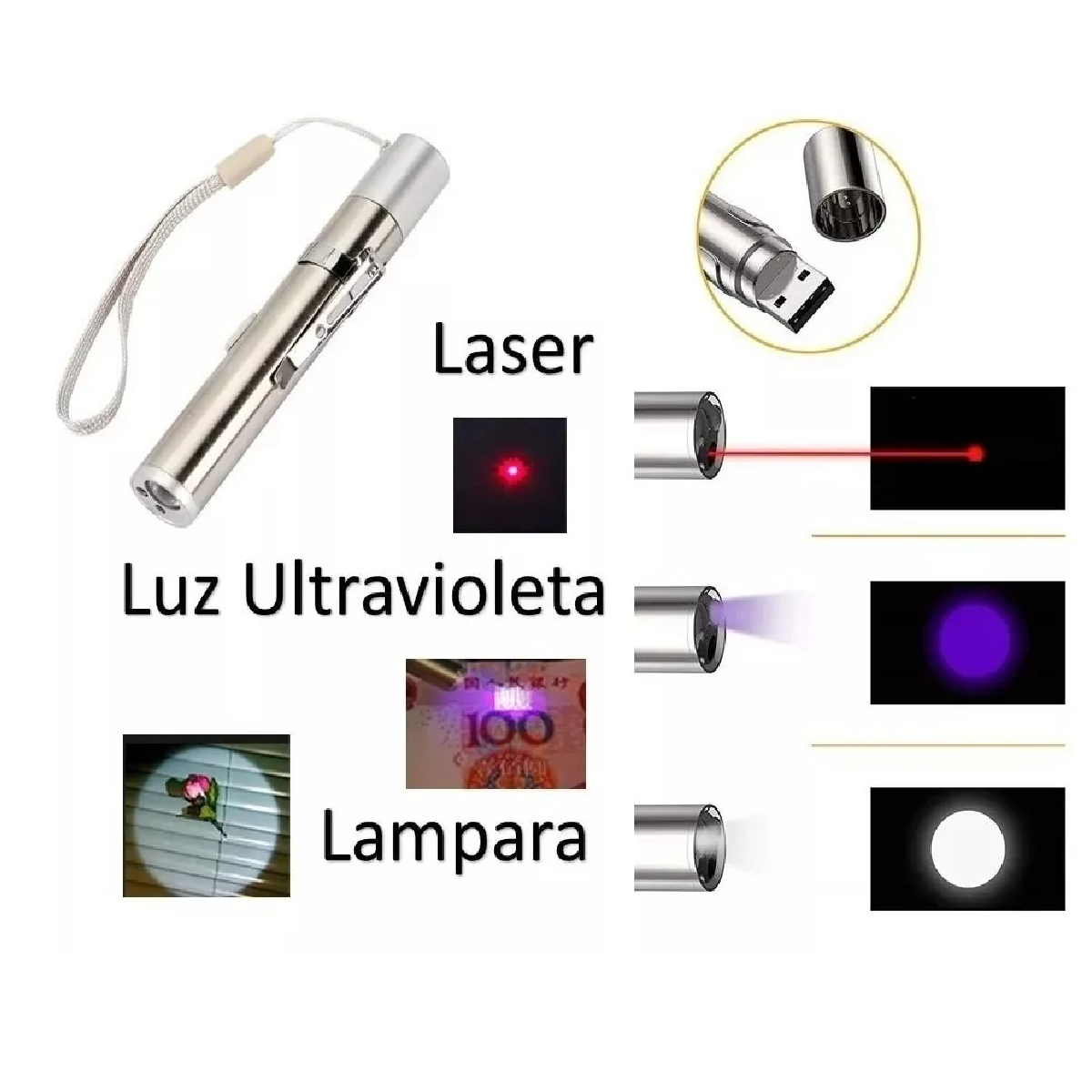 Puntero Apuntador Laser Lampara Luz Uv 3 En 1 Recargable