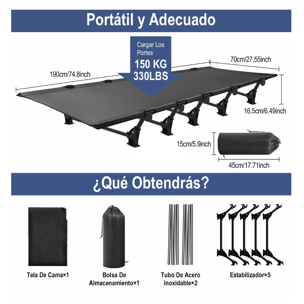 Catres Cama Para Acampar Plegable Ultraligera Portátil, 1.9m