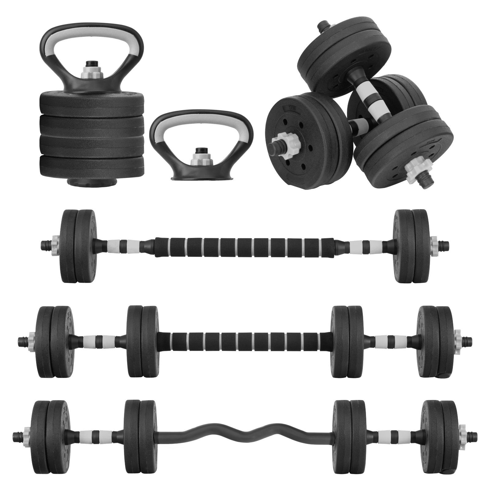 Kit de Mancuernas Altera Con Peso Ajustable 10 KG (Barra Recta + Barra Z + Par de mancuernas + Pesa Rusa + Discos Intercambiables)