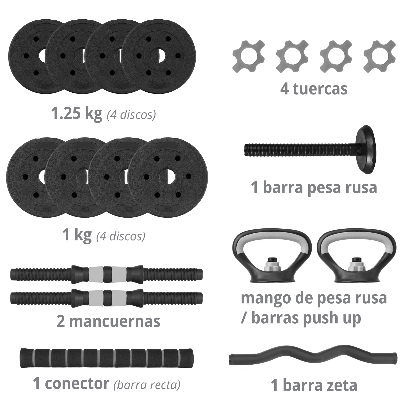 Kit de Mancuernas Altera Con Peso Ajustable 10 KG (Barra Recta + Barra Z + Par de mancuernas + Pesa Rusa + Discos Intercambiables)