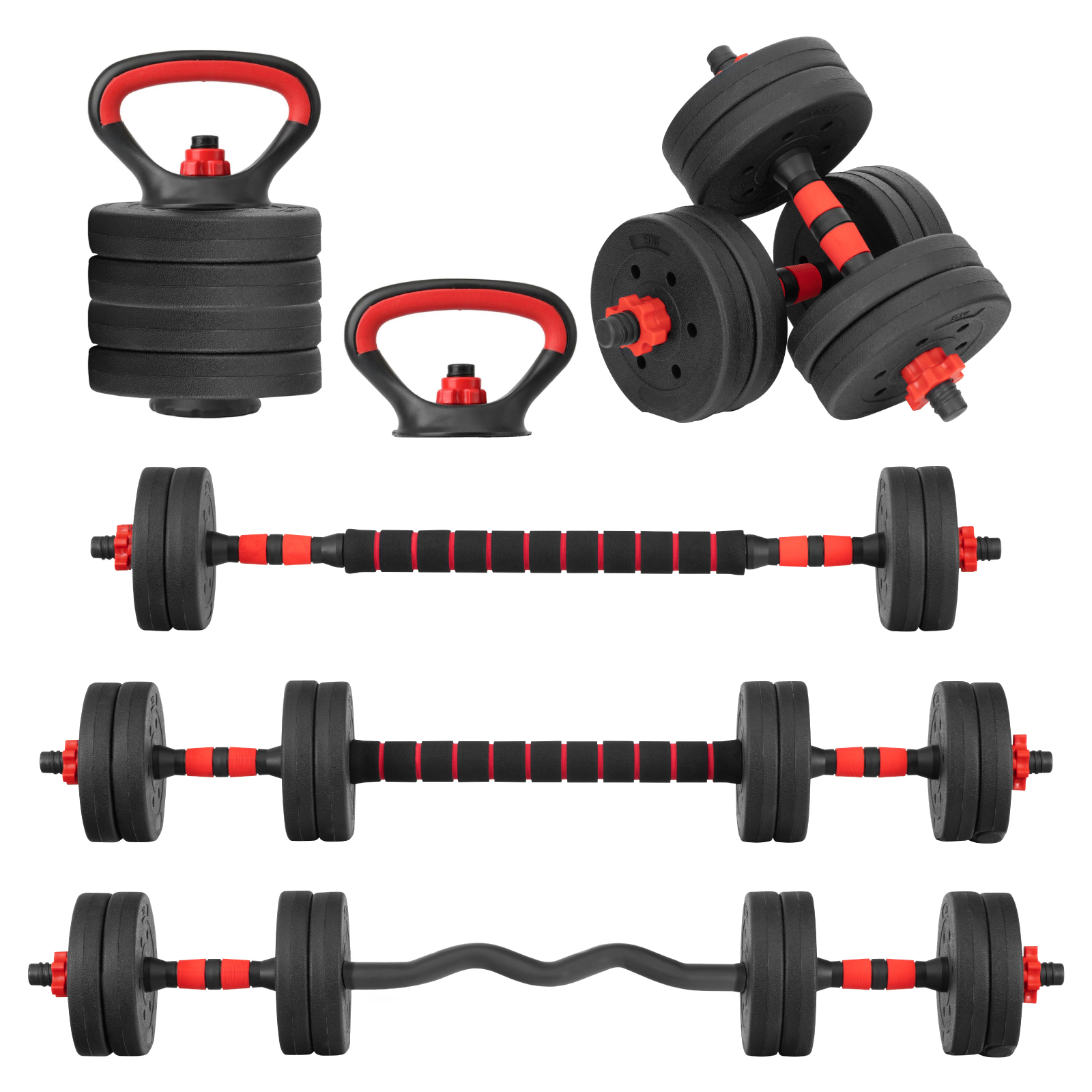 Kit de Mancuernas Altera Con Peso Ajustable 10 KG (Barra Recta + Barra Z + Par de mancuernas + Pesa Rusa + Discos Intercambiables)