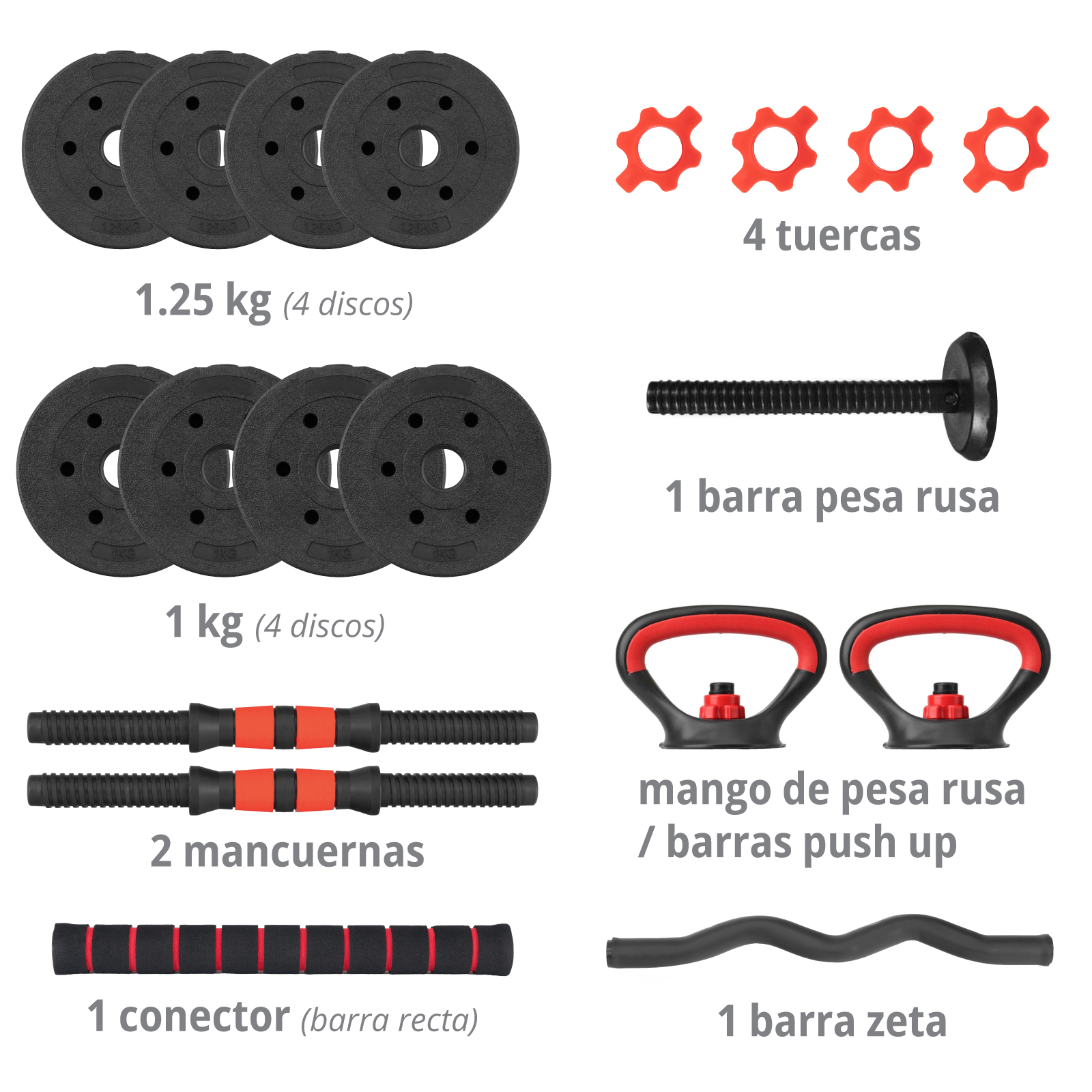 Kit de Mancuernas Altera Con Peso Ajustable 10 KG (Barra Recta + Barra Z + Par de mancuernas + Pesa Rusa + Discos Intercambiables)