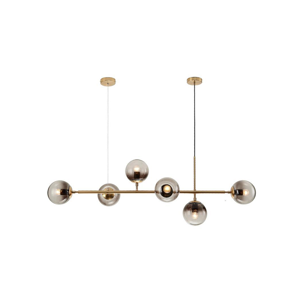 lampara colgante barra de 6 luces esferas de cristal ahumada